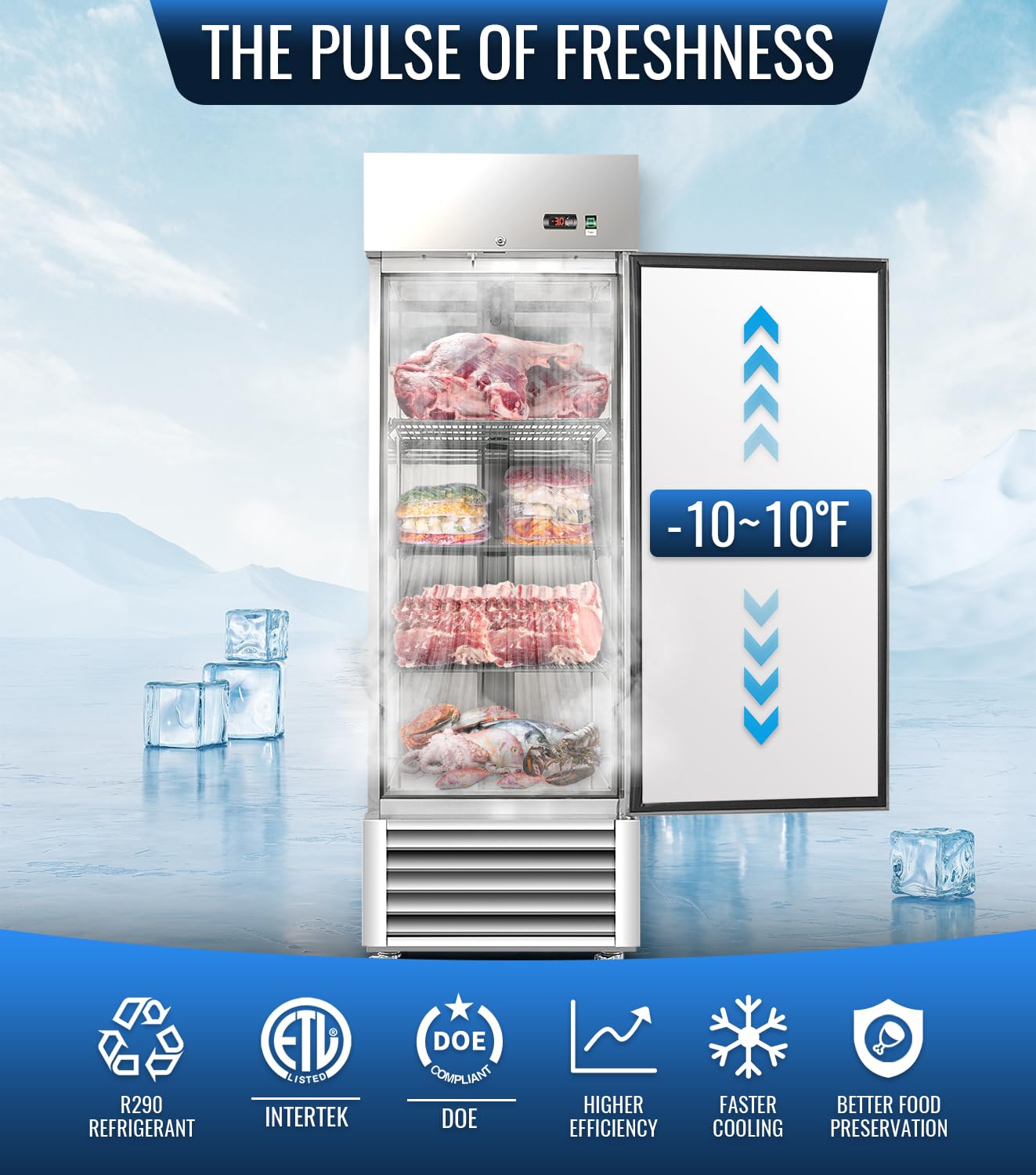 27" W Commercial Freezer, ETL Certified 23.6 Cu.ft Stainless Steel Reach-in Upright Freezer,Auto Defrost,Fan Cooling,Digital Temperature Control (-10°F - 10°F) Used to Restaurant,Bar,Shop
