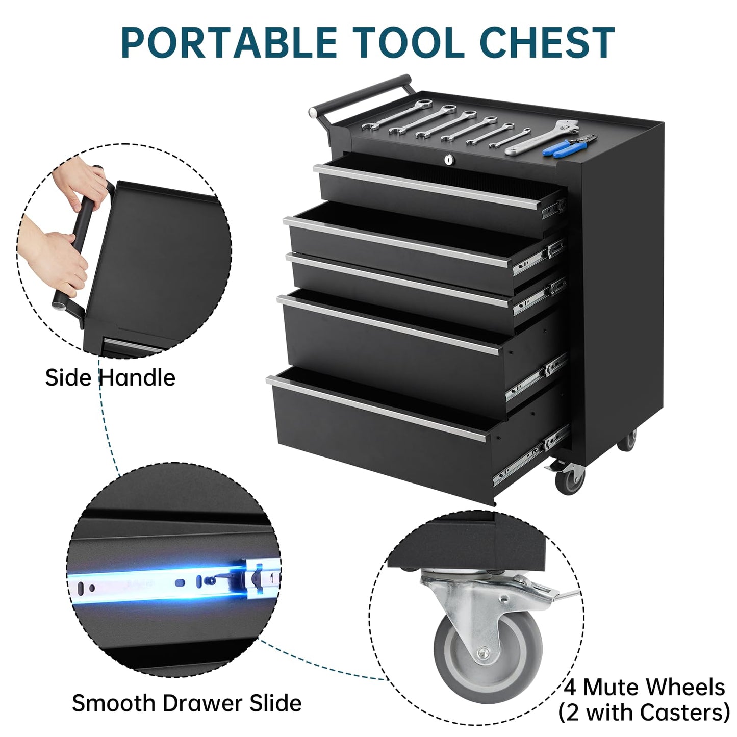 GarveeLife 5-Drawer Tool Box 24" Garage Tool Box with Key Lock and Removable Drawer Liners, Wheeled Design, Suitable for Garages, Warehouses, Workshops, and Repair Shops - Black