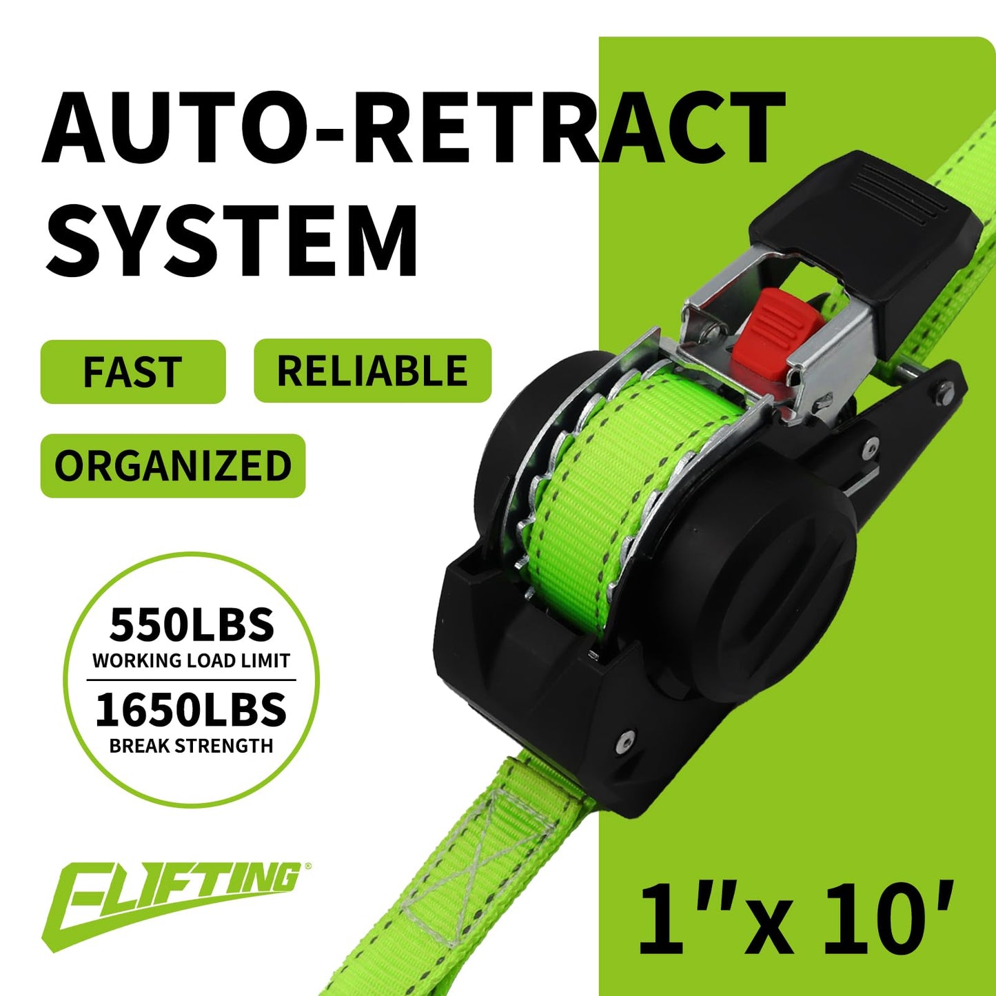 ELIFTING Retractable Ratchet Straps (2-Pack) 1 Inch x 10 Feet Auto Self Retracting Tie Down Straps (1650lbs Break Strength) Reflective Safety Stitching for Motorcycle ATV UTV Truck Trailer - Green