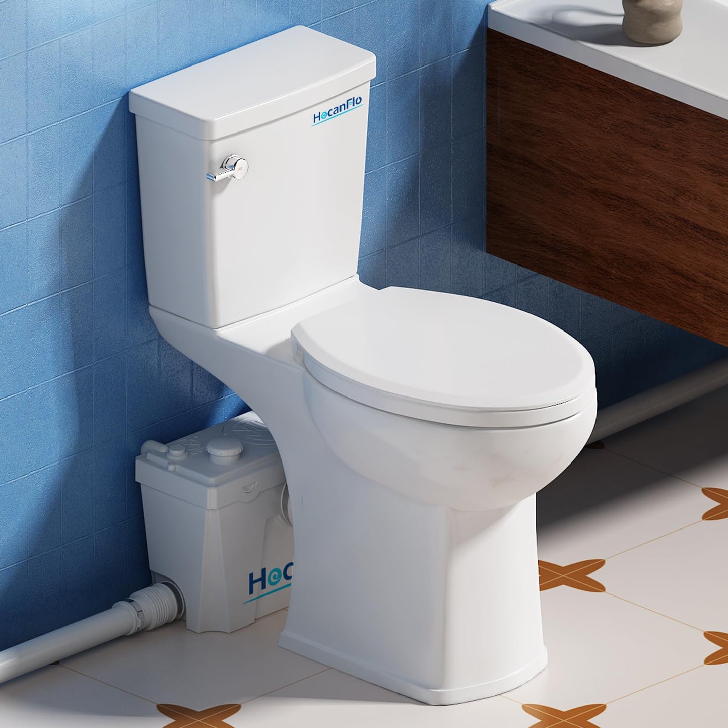 Upflush Macerating Toilet System – 21" ADA Compliant Tall Toilet with Macerator Pump Durable Copper Grinder with 4 Inlets for Basement Kitchen, Shower, Sink & Laundry, Extension Pipe Included