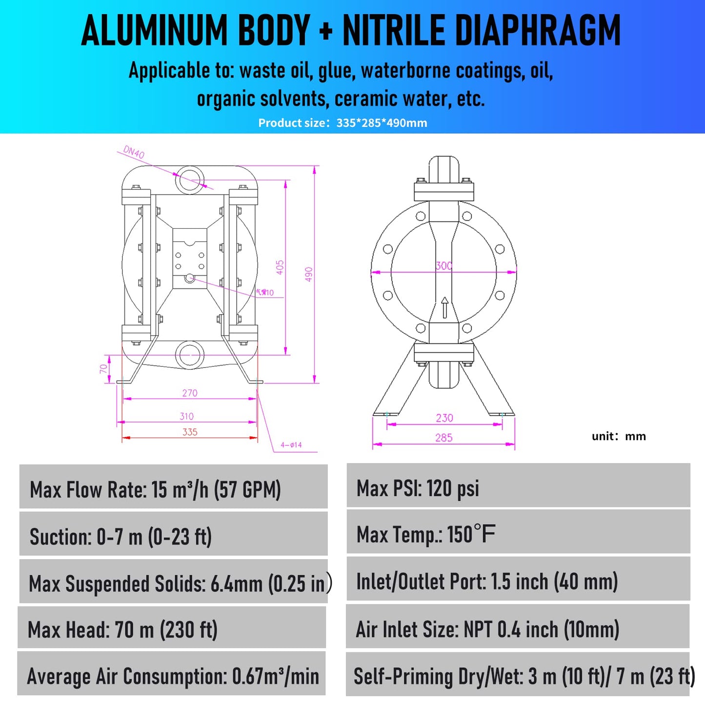 Pneumatic double diaphragm pump1-1/2 inch inlet/outlet 90 gpm Aluminium fluid delivery pump for chemical and industrial waste oil fuel up to 120 psi aluminum alloy (QBY4-40Al)