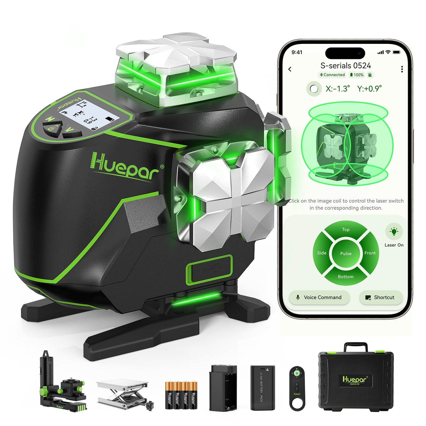 Huepar Laser Level 360 Self Leveling, 4x360° Green 4D Cross Line Laser with LCD Screen, Bluetooth Outdoor Pulse Mode Laser Tool for Construction -Remote Control, Rechargeable or 4 AA Batteries-S04CG