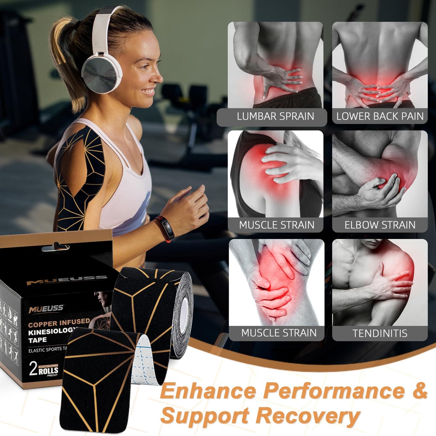 MUEUSS Copper Infused Kinesiology Tape, 40 Precut Strips (2 Rolls), Water Resistant Strips, Original Cotton Elastic Athletic Tape for Sports & Weightlifting, Muscle Strain Relief & Joint Support