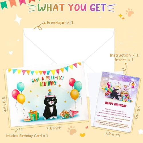 FITMITE Birthday Cards - Cute Cat Design with Music, Lights & Blowable Candle | Perfect Gift for Cat Lovers