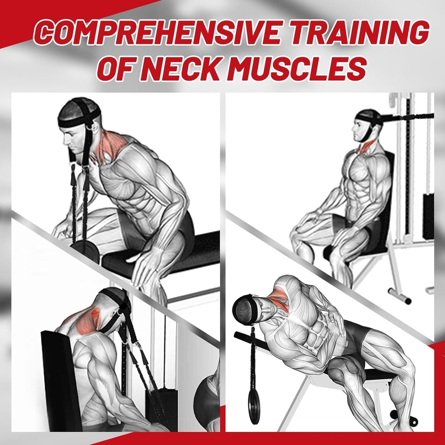 WKWE Neck Harness for Increases Neck Core Strength - Neck Exerciser with 30" Heavy Duty Steel Chain for Safely Lifting Weights Up to 280 lbs, Adjustable Head with Nylon Tether and 2 Carabiners Manually-operated exercise equipment