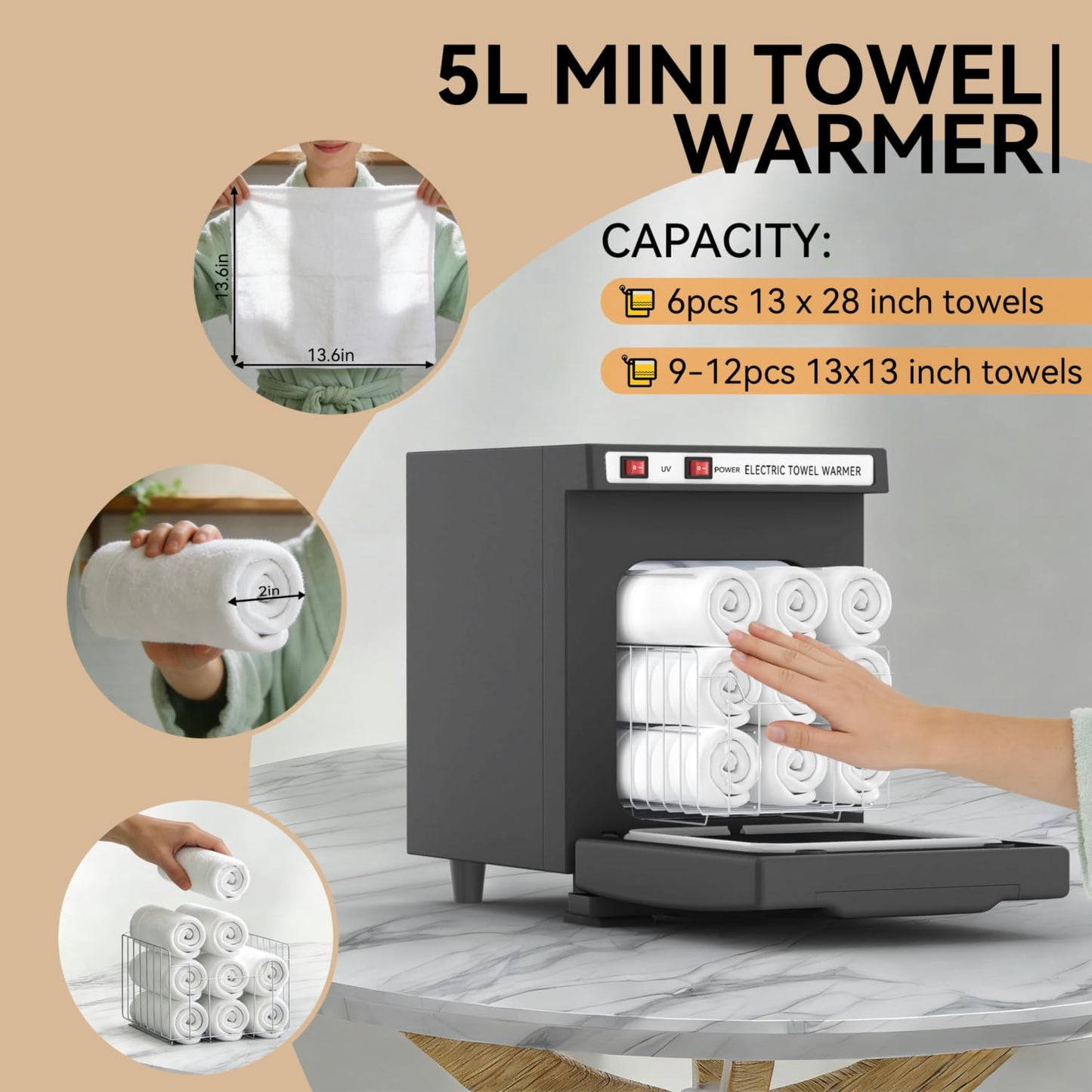 VERYTOP Towel Warmer 5L-Black, 2-in-1 Professional Mini Small Hot Towel Warmer for Spa, Facial Towel Cabinet for Solo Estheticians, Small Salons & Home Spa (Fits 10-15 Towels)