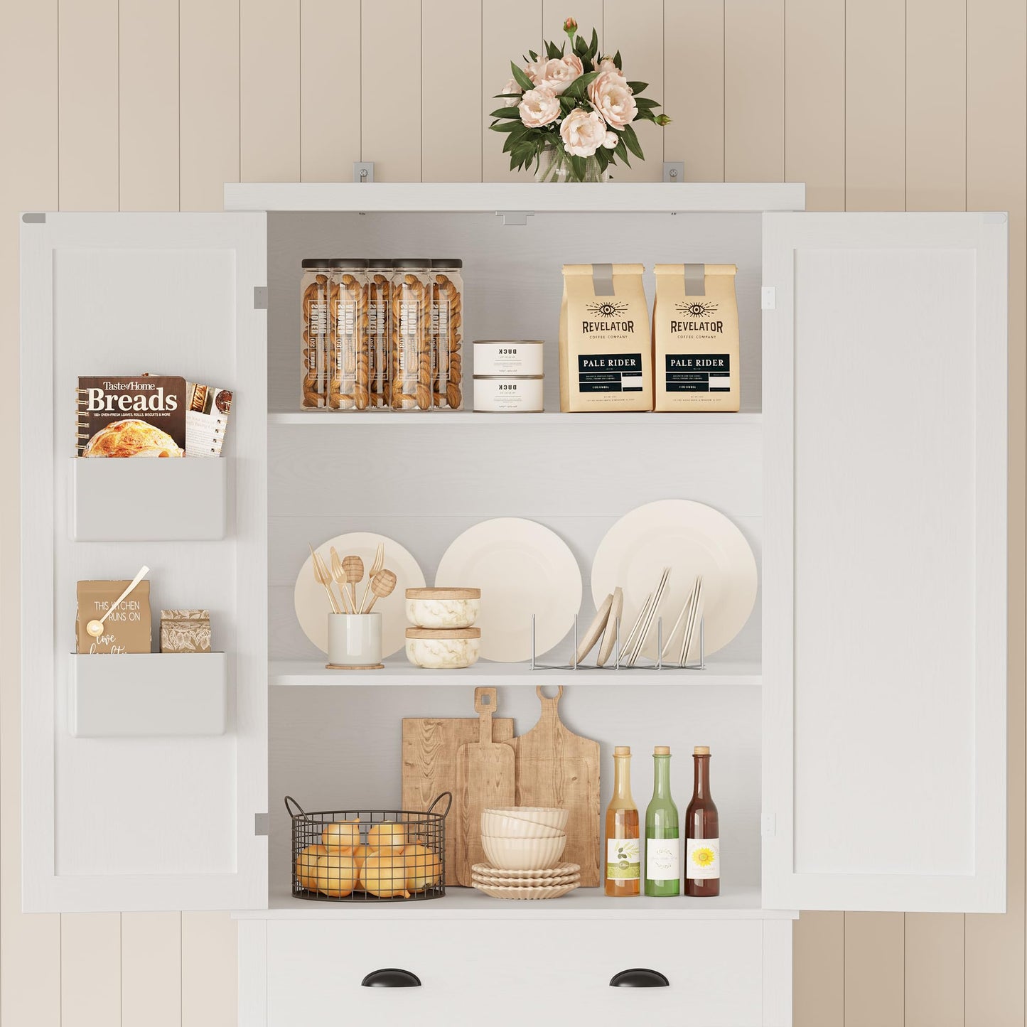 IRONCK Kitchen Pantry Storage Cabinet 83.9" H, with Barn Doors, Drawer, 4 Adjustable Shelves, Freestanding Cupboard for Dining Room Living Room, Laundry, White