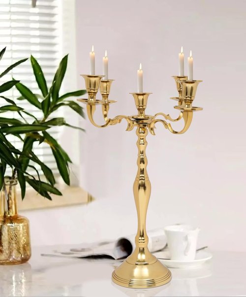 Metal Candelabra | Five Arm Decorative Candlestick Holder - 16 Inch Tall - Elegant Gold Centerpiece for Weddings & Events