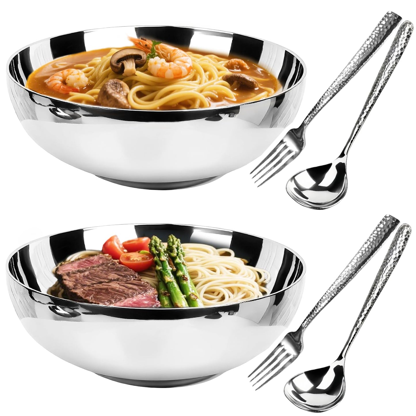 LANGMINGDE 6-Piece 304 Stainless Steel Pasta Bowl Set, 47 Fl Oz (8.7 Inches), Double-Layer Insulated And Heat-Resistant, Salad Bowl, Chilled Bowl, Ice Cream Bowl, Party Sauce Seasoning, Dining Bowl.
