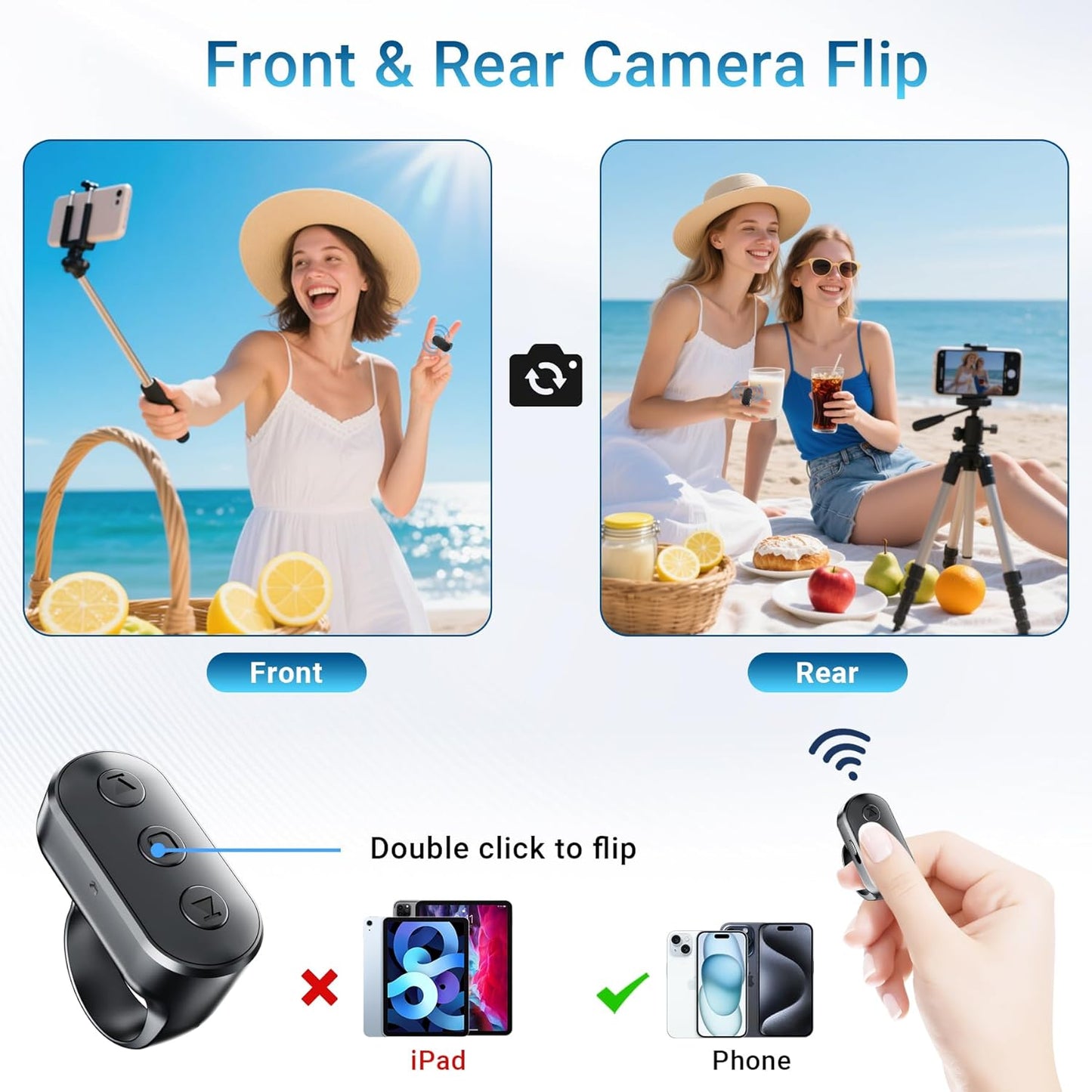 Kefotic Wireless Ring Remote for iPhone Android Camera with Zoom. Phone Front/Rear Camera Flip Shutter, Must Have