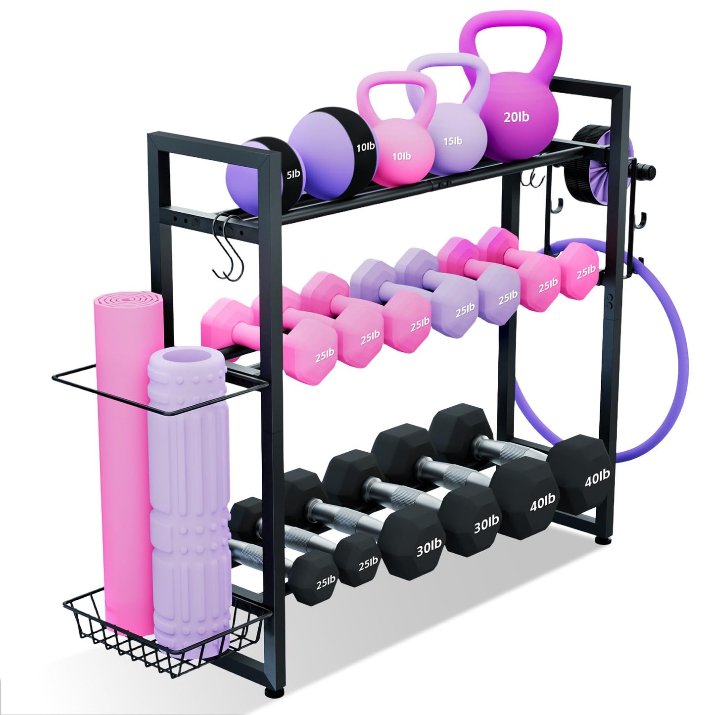 laapee 3-Tier Dumbbell Rack with 882 LBS Capacity, Multi-Purpose Weight Rack for Home Gym with Shelf and Movable Hooks, Weight Holder and Home Gym Storage Organizer for Dumbells Kettlebells Yoga Mat