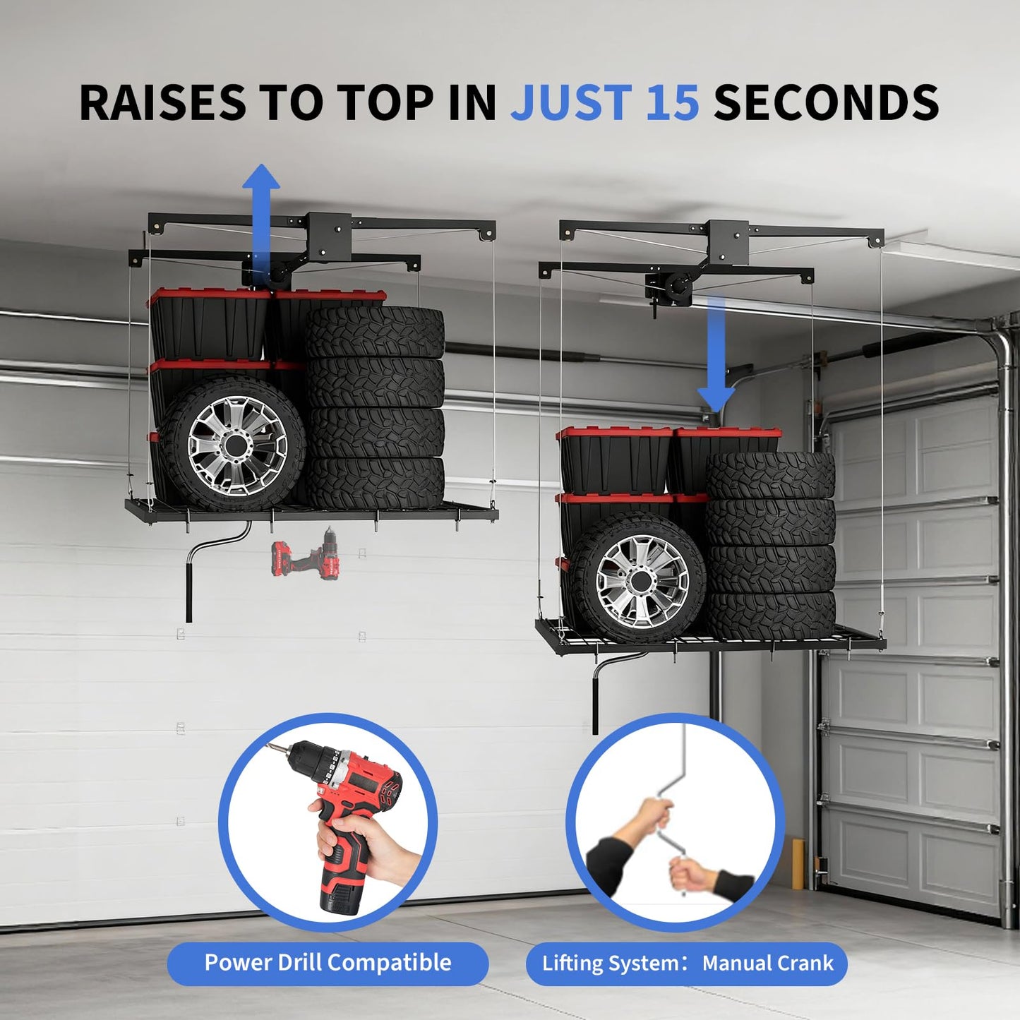 Garage Ceiling Storage Racks, Garage with the 4x4ft Overhead Lift Storage Rack, Experience Effortless Organization with 350lb Capacity, Smooth Crank System, Space-Saving Ceiling Rack Design