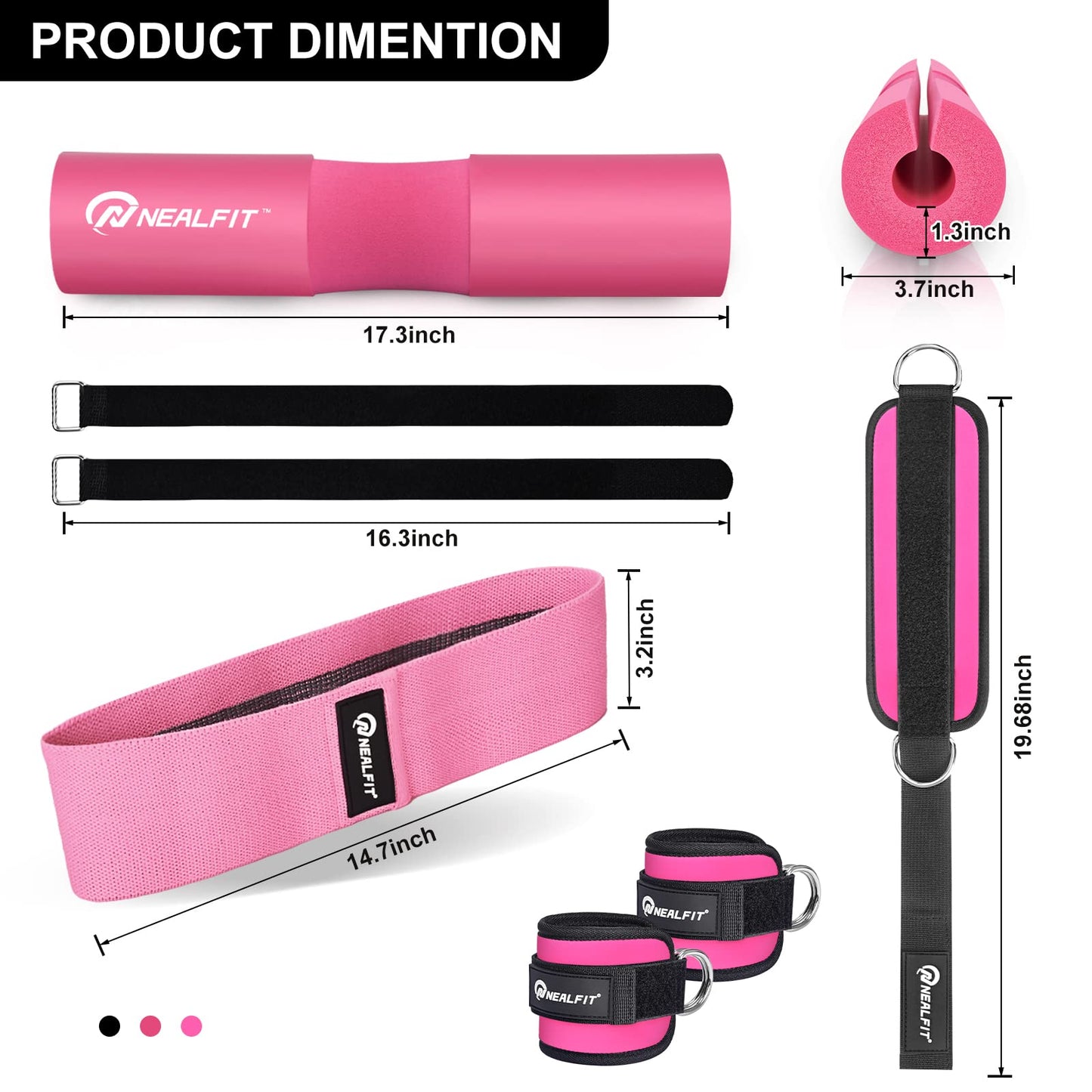 NEALFIT Barbell Pad Set for Squats, Lunges and Hip Thrusts, Neck & Shoulder Protective Pad, Standard Olympic Bars with 2 Gym Ankle Straps, Hip Resistance Band, Barbell Pad, Carry Bag (Pink)