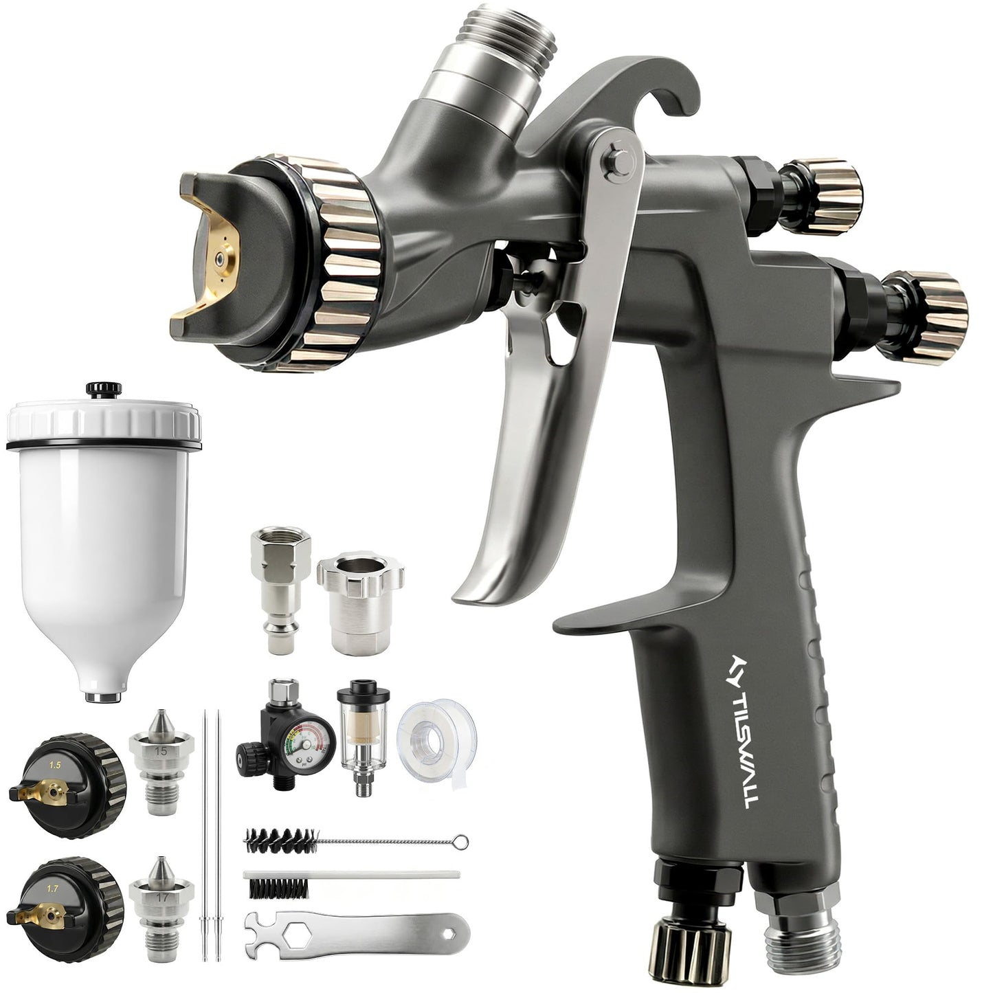 Tilswall Pinto LVLP Spray Gun Premium Kit, Ultral-Long Service Life Air Paint Gun with All-Stainless Steel Flow Channel, 1.3/1.5/1.7mm Nozzles & Accessories, Paint Sprayer Gun for Car, House Painting