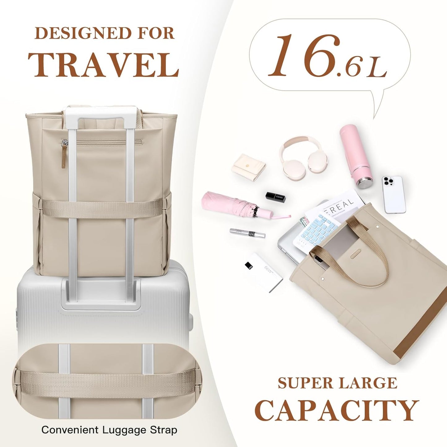 Backpack Backpack Leisure,16 Inch,Apricot Convertible Laptop for Women Men Carry on Tote Teacher Bookbag for College