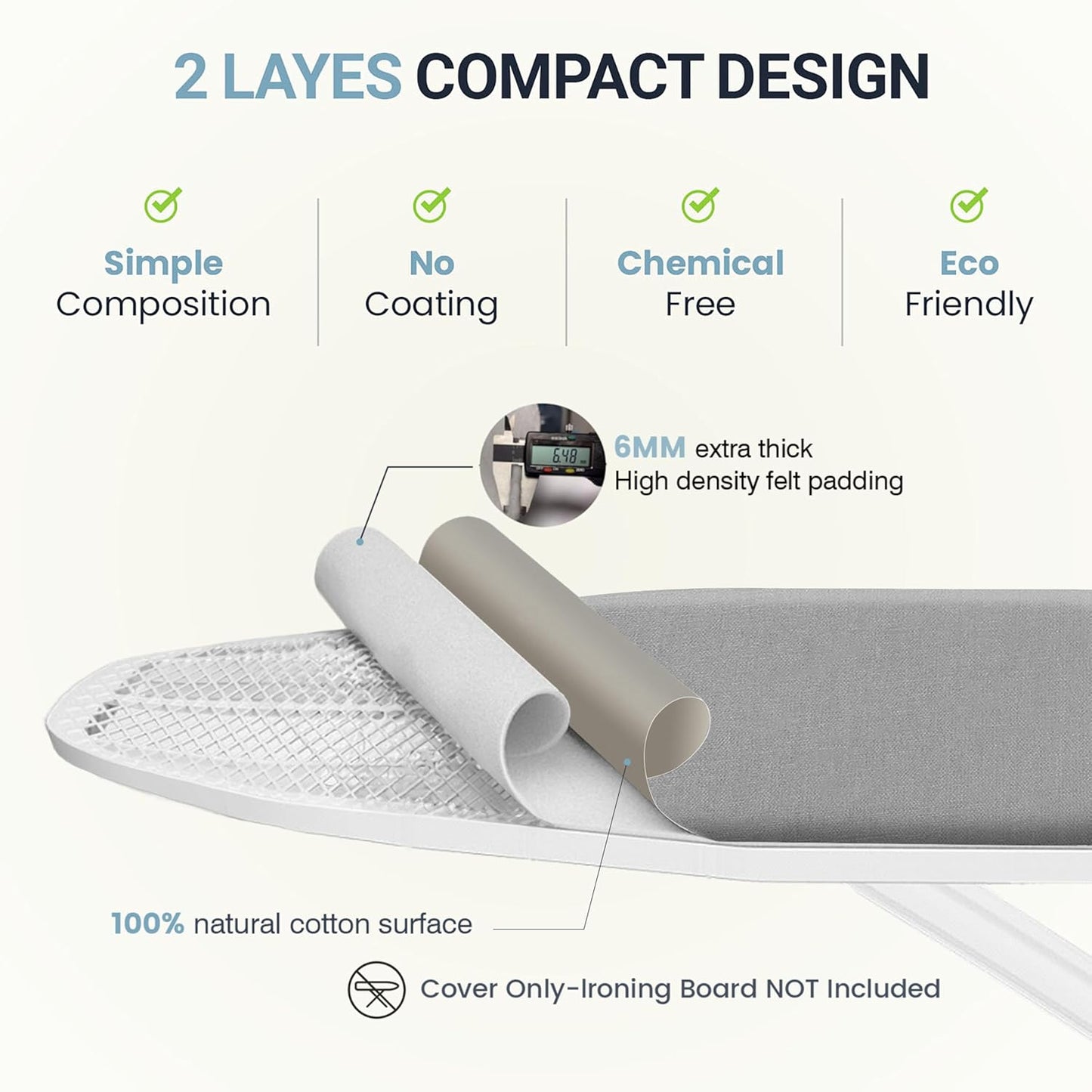 UniSimp Ironing Board Cover - Extra Thick Natural Cotton, Scorch & Stain Resistant | 18"x54" Gray