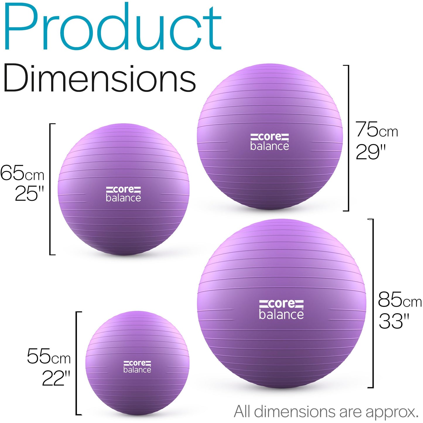Core Balance Exercise Ball for Workouts, Anti-Burst and Slip Resistant, Swiss Yoga Ball for Pregnancy, Stability, Fitness and Physical Therapy, 4 Sizes, with Pump (33" / 85cm Purple)