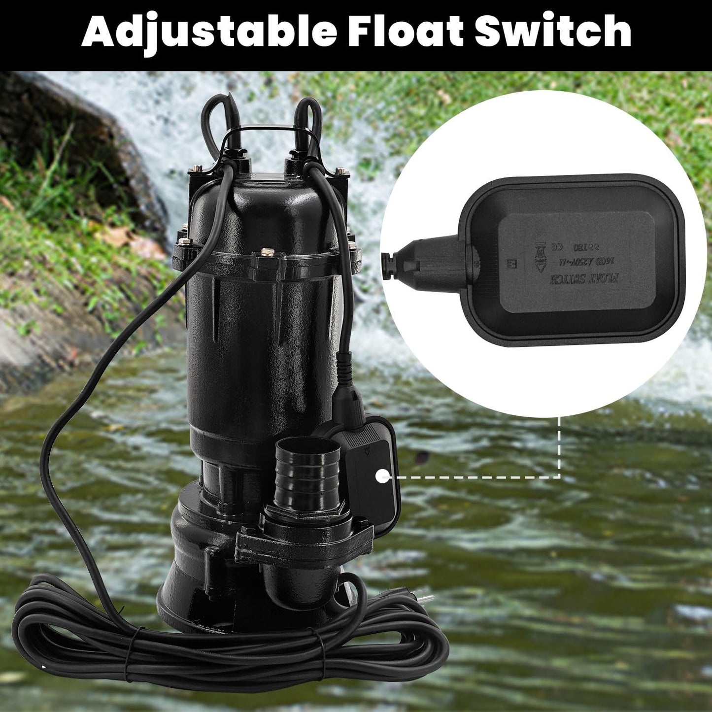 Yutmatin 2HP 110V Submersible Sump Pump, 6498GPH Cast Iron Sewage/Effluent Pump 1500W with 66ft Hose and Automatic Float Switch, for Basement Sump and Sewage Well, 2 inch Discharge