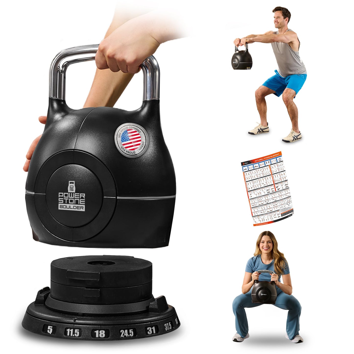 LifePro 7-in-1 Adjustable Kettlebell, 5-44 LB – PowerStone Boulder, Die-Cast Aluminum & Steel, Space-Saving Set with Handle-Twist Adjustment – Strength Training Kettlebell with Storage Base