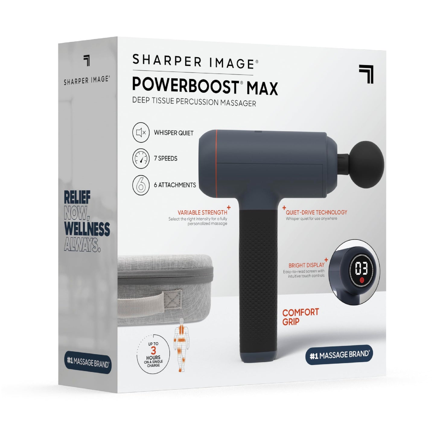 Sharper Image PowerBoost Max Massage Gun | Anti-Stall Deep Tissue Percussion Massager | 7 Speeds | Workout Muscle Recovery | Pain Relief | Back Shoulder Massager | Massage Tool | Gifts for Men Women