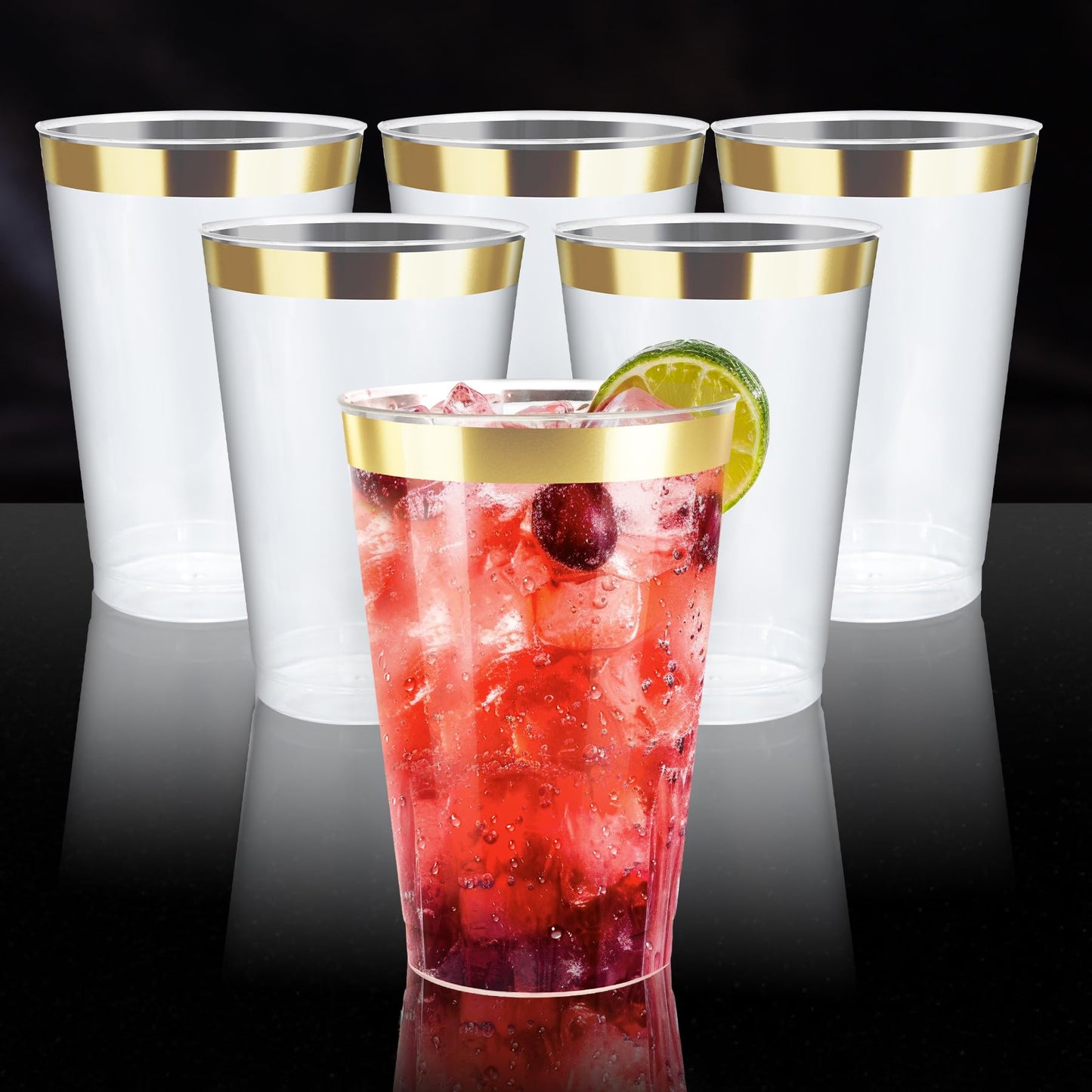 Byvivace 50counts 9 OZ. Disposable Cups Old fashioned Party Tumblers, 9 Ounce Squat Cups Gold Wine Glasses Hard Plastic Cups with Gold Rim