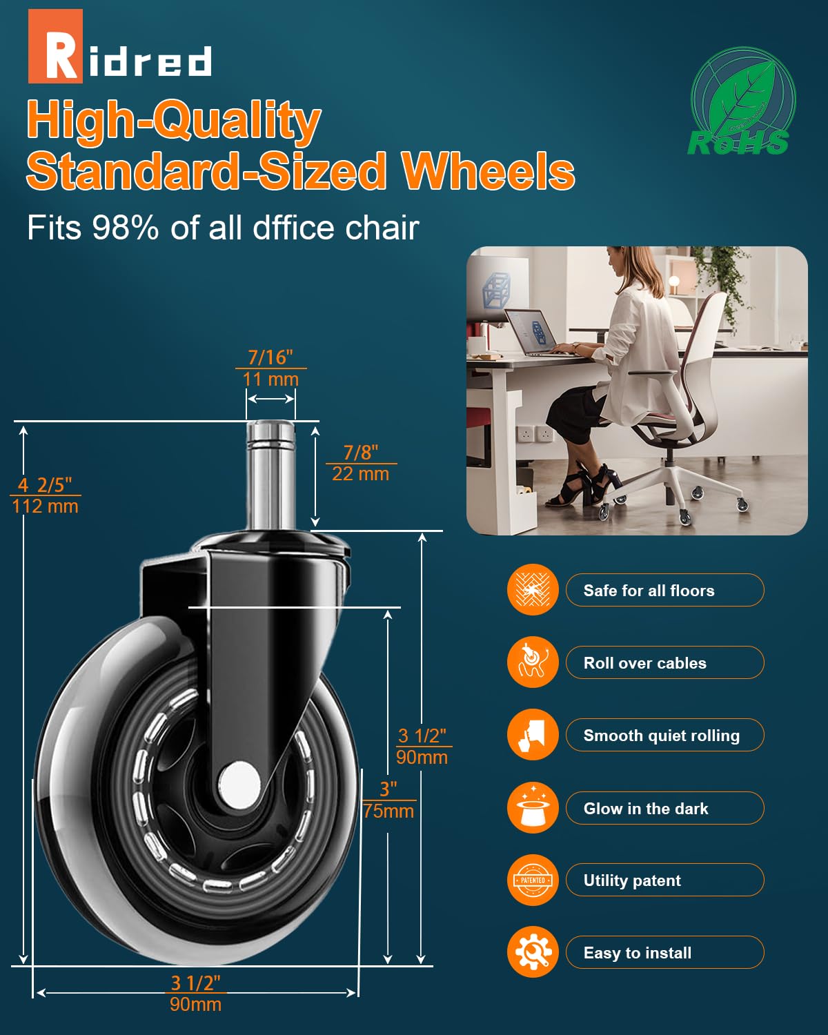 RidRed Office Chair Wheels - Heavy-Duty 3-Inch Rubber Casters | Universal Fit, Noise-Free, Perfect for All Floors (Set of 5)