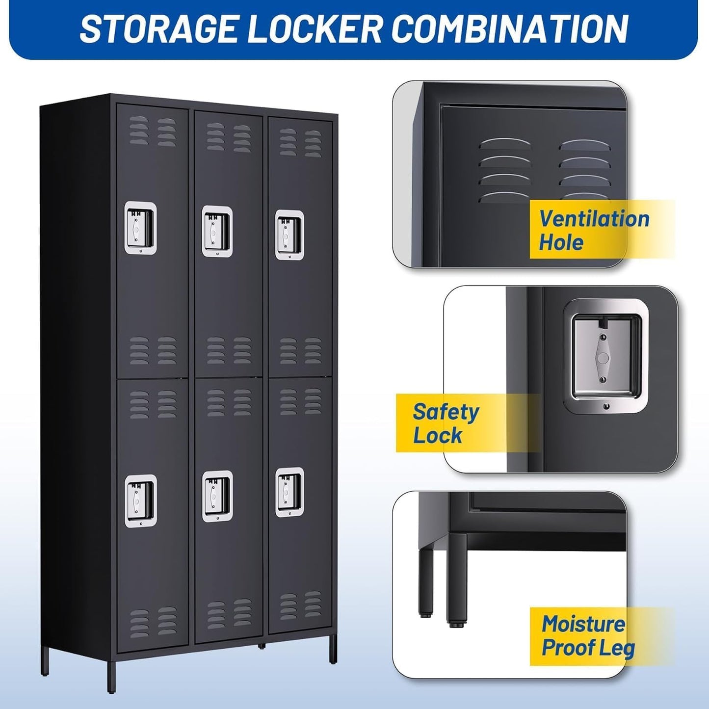 GarveeHome Metal Storage Locker with 6 Doors, Metal Locker for Employees with 18 Hooks for Garage School Office Gym Home, Assembly Required, Black
