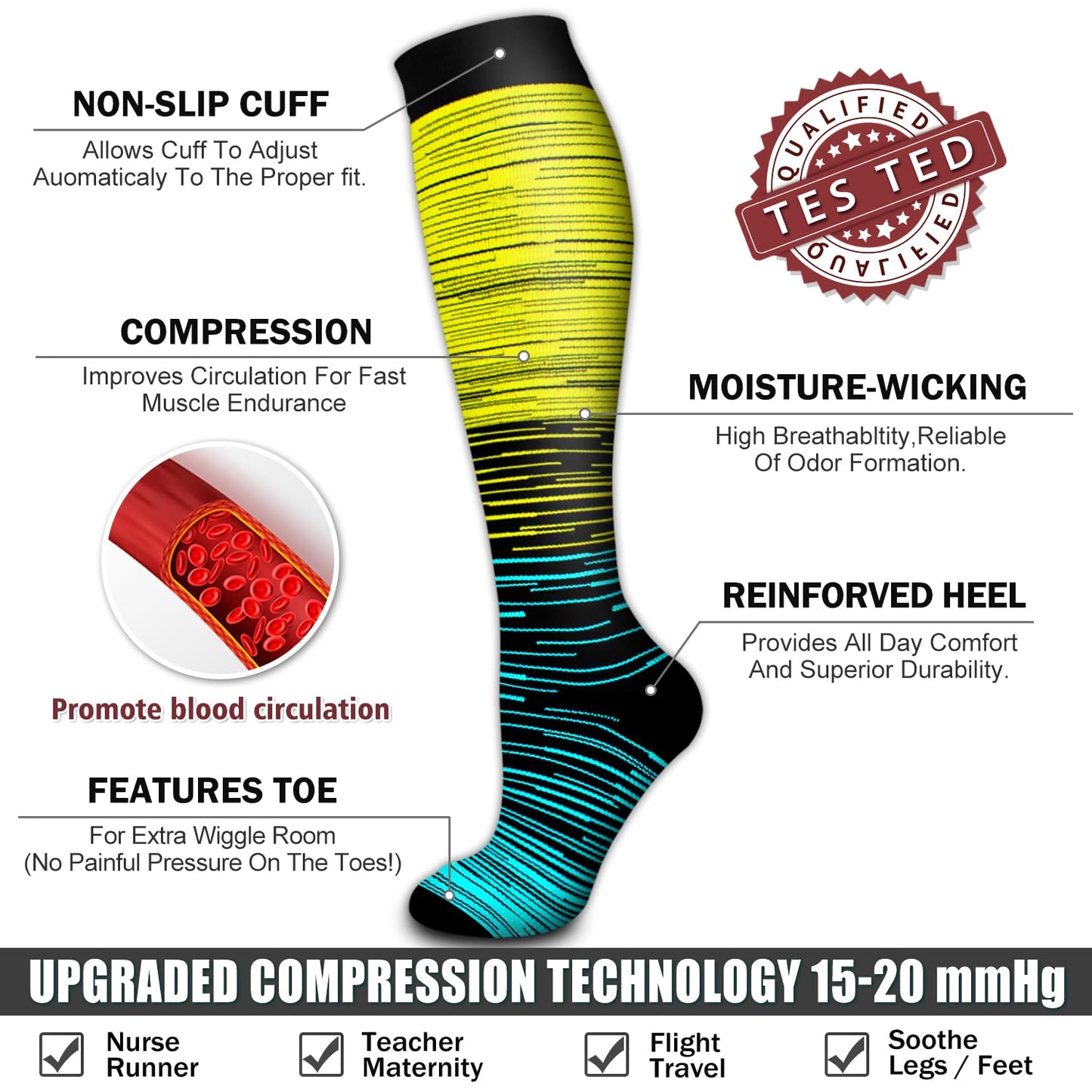 6 Pack Copper Compression Socks for Women and Men Circulation-Best Support for Medical,Running,Nursing,Athletic