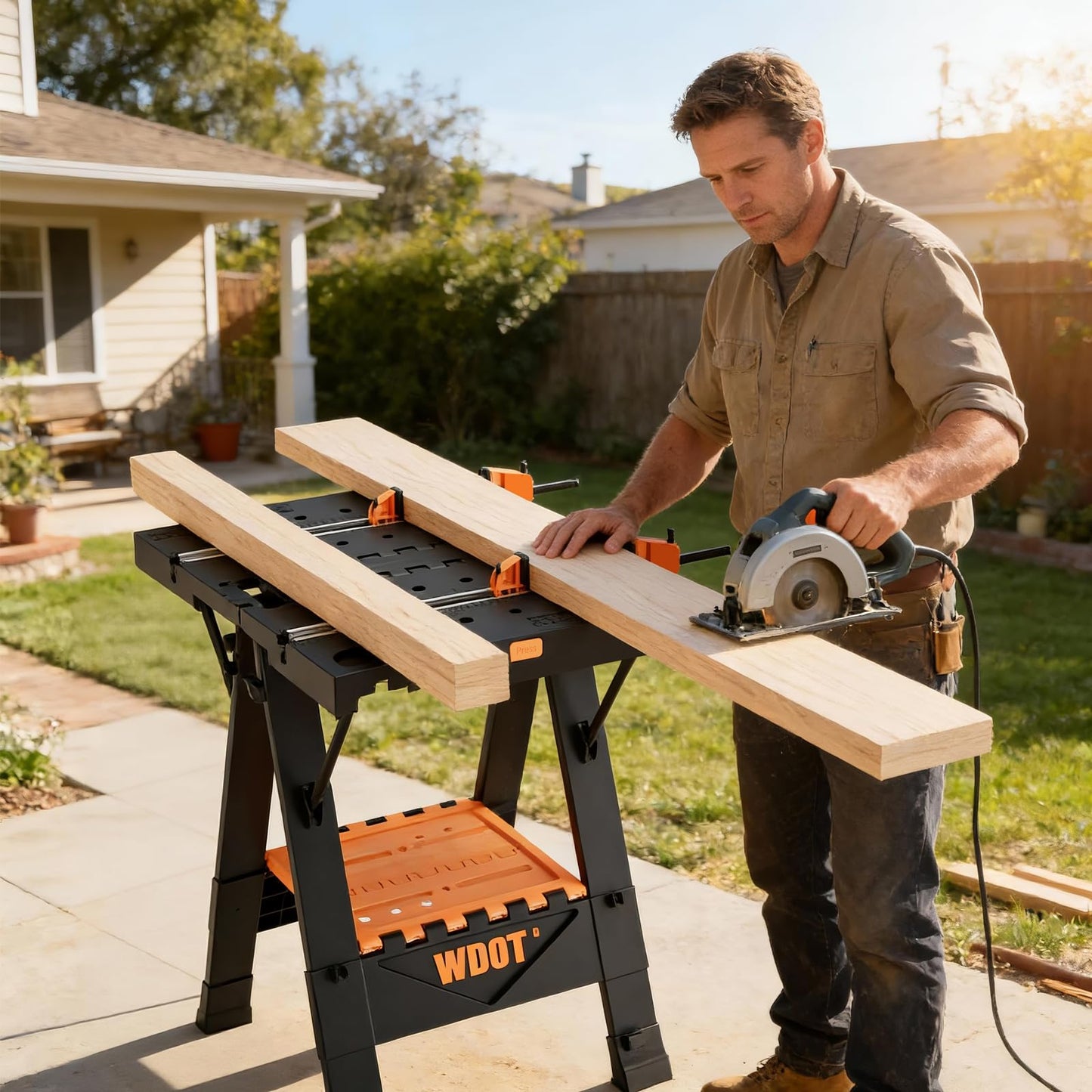 WDOT 2-in-1 Folding Work Bench & Sawhorse, Easy Setup Portable Work Table, 31" W x 25" D x 32" H, Laser-Engraved Scale,Lightweight Worktable with Large Load Capacity, 2 Clamps & 6 Bench Dogs
