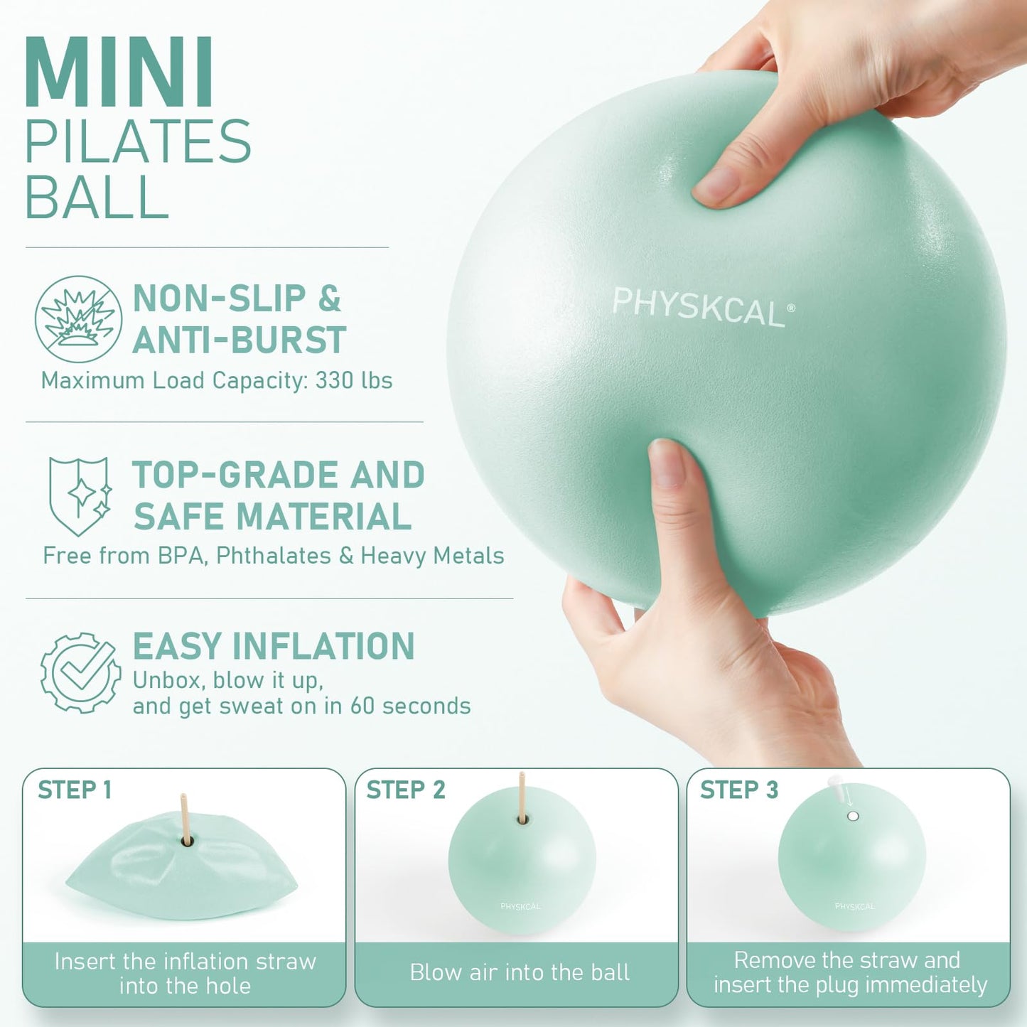 PhysKcal Pilates Ring Set, 15-Inch Magic Circle with 1x Core Ball, 3X Resistant Loop and 2X Flex Band, Mat Pilates at Home Essential Kit (Soft Mint)