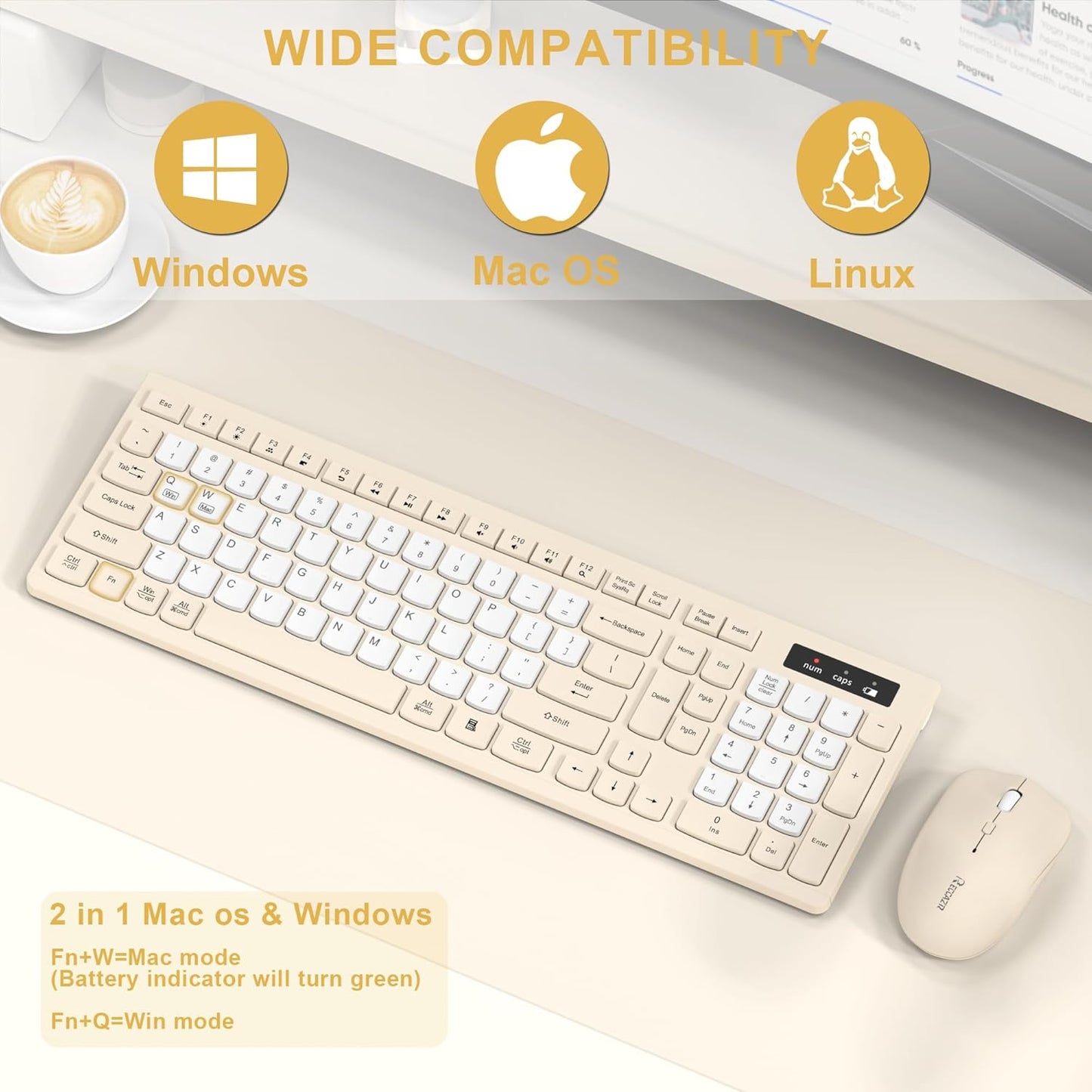 RECCAZR 2.4GHz Silent Wireless Keyboard and Mouse Combo, Full-Sized Wireless Keyboard and Adjustable DPI Mouse, USB