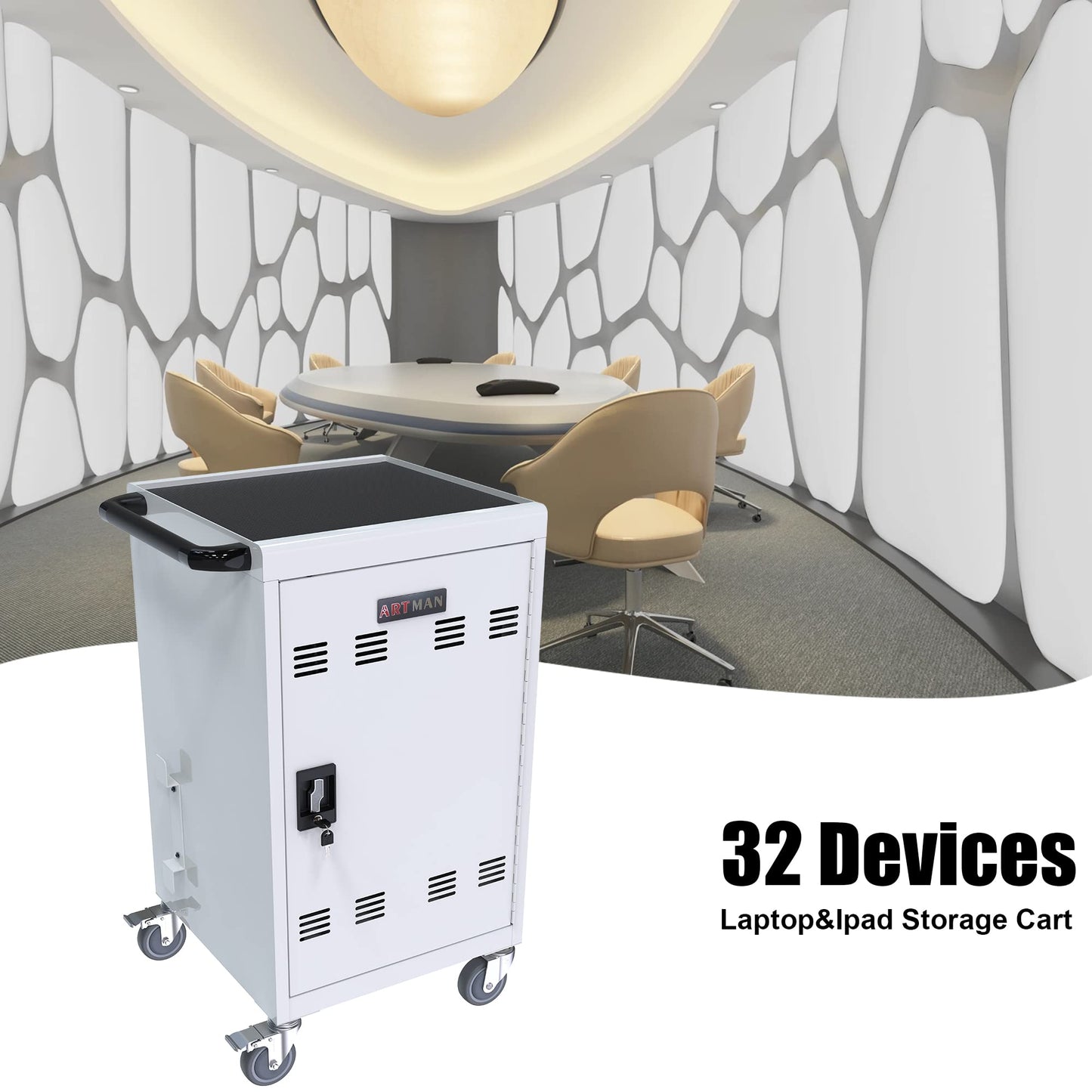 30 Device Mobile Charging Cart, Laptop Charging Cabinet, Mobile Cart, Locking Front and Rear Doors, Surge Protection, Easy Cable Management, Screen Size Up to 16.3 Inch for Classroom, Office White