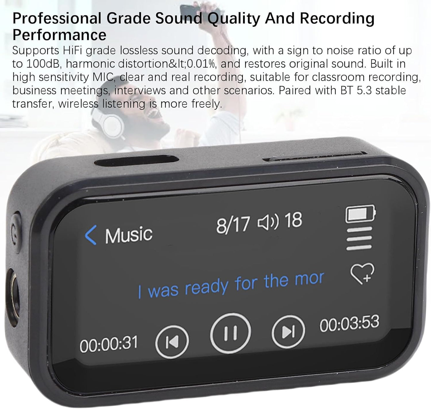 YUEHISY MP3 5.3, 32GB 1.47" Player with Bluetooth Portable Music Player with Back Clip, Lossless HiFi Sound