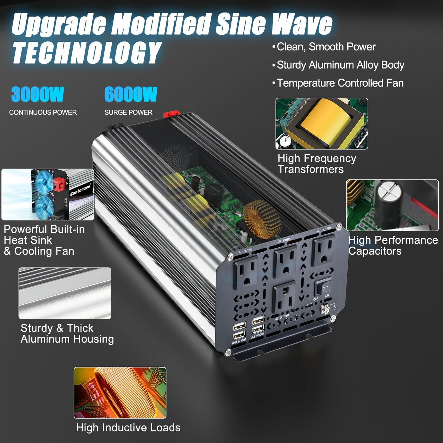 Cantonape 3000W Power Inverter 12V to 110V/120V DC to AC with LCD Display, Remote Controller and 4 x AC Outlets Car Adapter for Car Truck Boat RV Off Grid Solar System