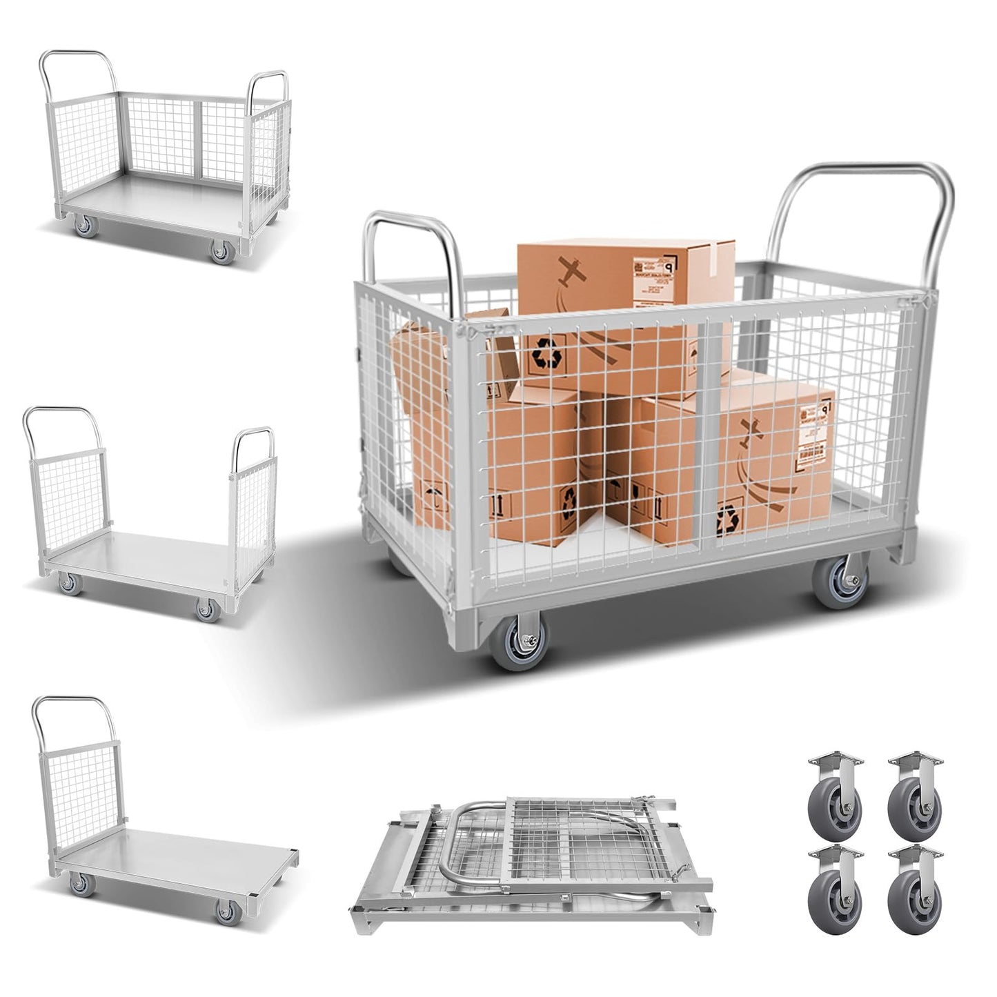 5-in-1 Platform Truck Cart with Cage, Heavy Duty Push Cart Dolly,4 Swivel Wheels, 2600 Lbs Capacity, Alloy Steel Material Multi Purpose Cart for Grocery Store/Laundry/Stall/Warehouse (Silver)