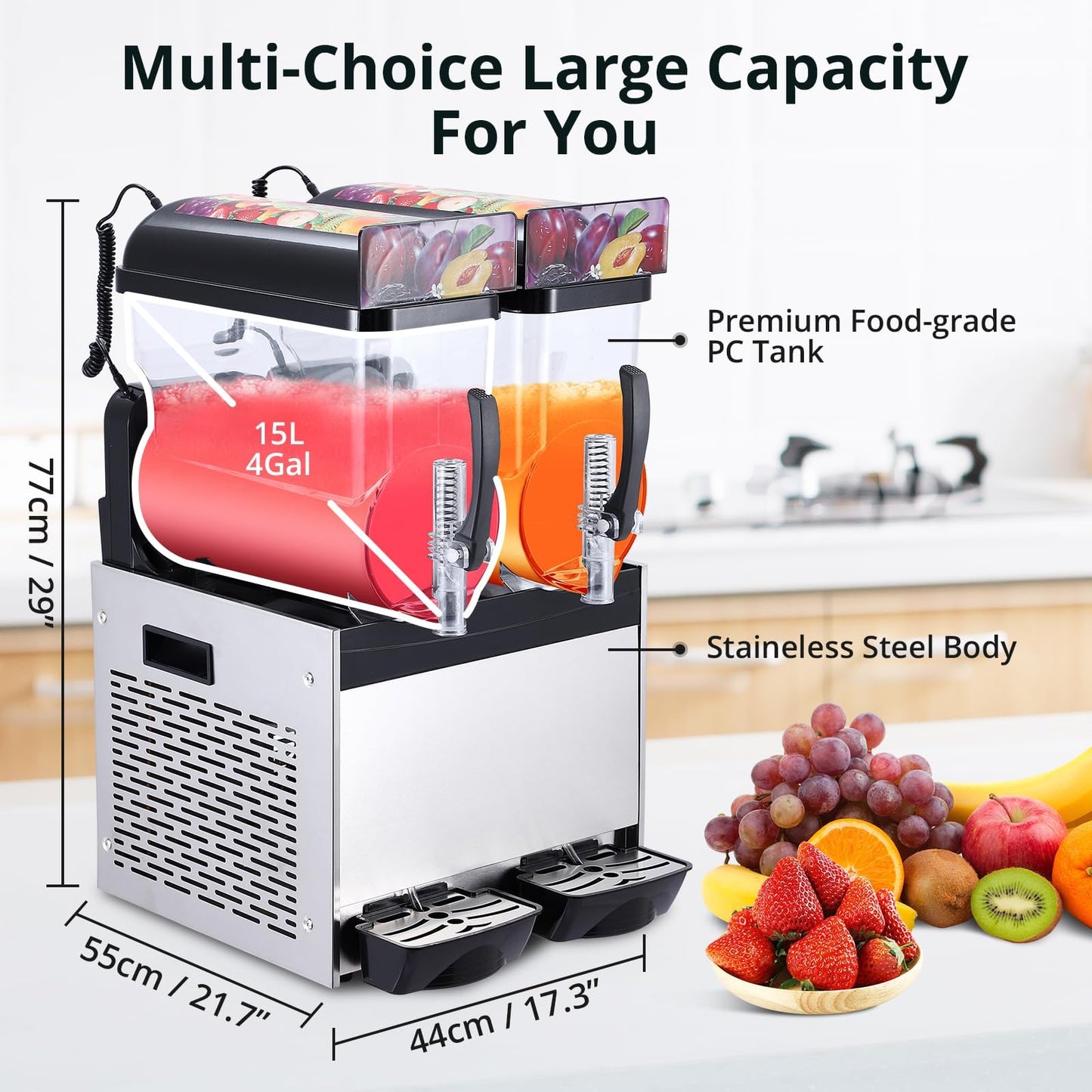 GarveeHome Commercial Slushy Machine, Stainless Steel Margarita Smoothie Frozen Drink Maker, Self-Cleaning, 700W, Perfect for Homes, Coffee Shops,Restaurants,Black,15 L*2
