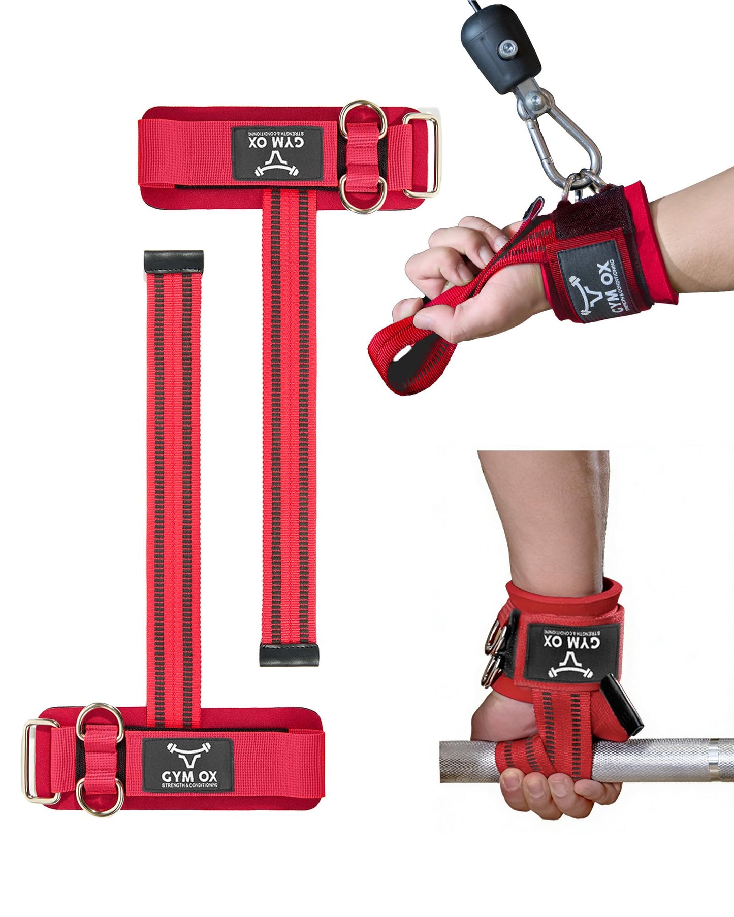2-in-1 Weight Lifting Straps with D Ring, 7mm Neoprene Padded Wrist Support for Men & Women, Heavy Duty Gym Wrist Straps & Cable Machine Attachment for Gym, Powerlifting, Rows, Pull-ups (Red)
