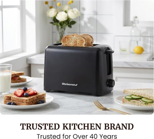 Elite Gourmet 2-Slice Toaster - Cool Touch Design, 6 Browning Levels, Extra Wide Slots for Bagels, Black