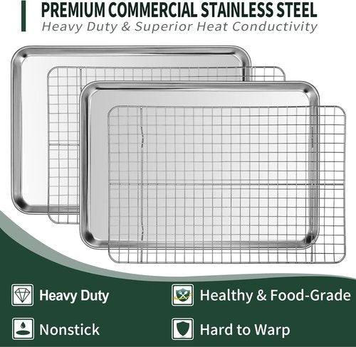 CEKEE Stainless Steel Half Sheet Pans Set - 2 Large Baking Sheets with Racks | Rust & Warp Resistant, 18-Inch