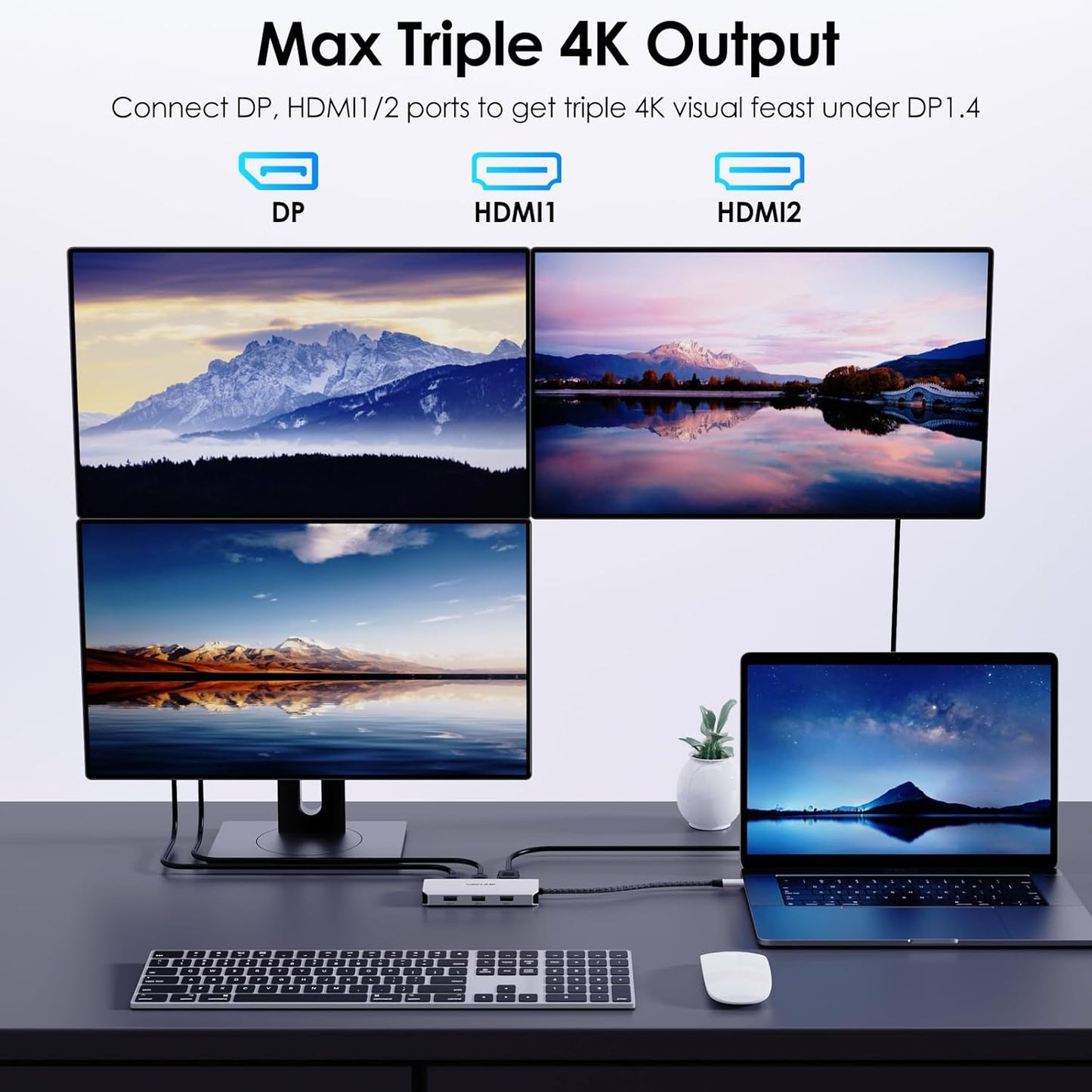 WAVLINK 4K 3 USB-C Quad Display Docking Station, Triple Monitor Laptop Dock Hub for Windows, Dual HDMI + DisplayPort +