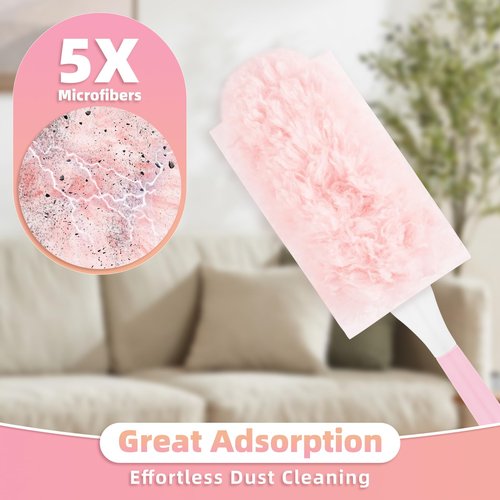 Nicemiya 30 Count Pink Duster Refills Compatible with Swiffer Handle, 360° Multi-Surface Duster Refills with 1 Handle, 5X Microfibers Disposable Dusters for Home, Office Cleaning