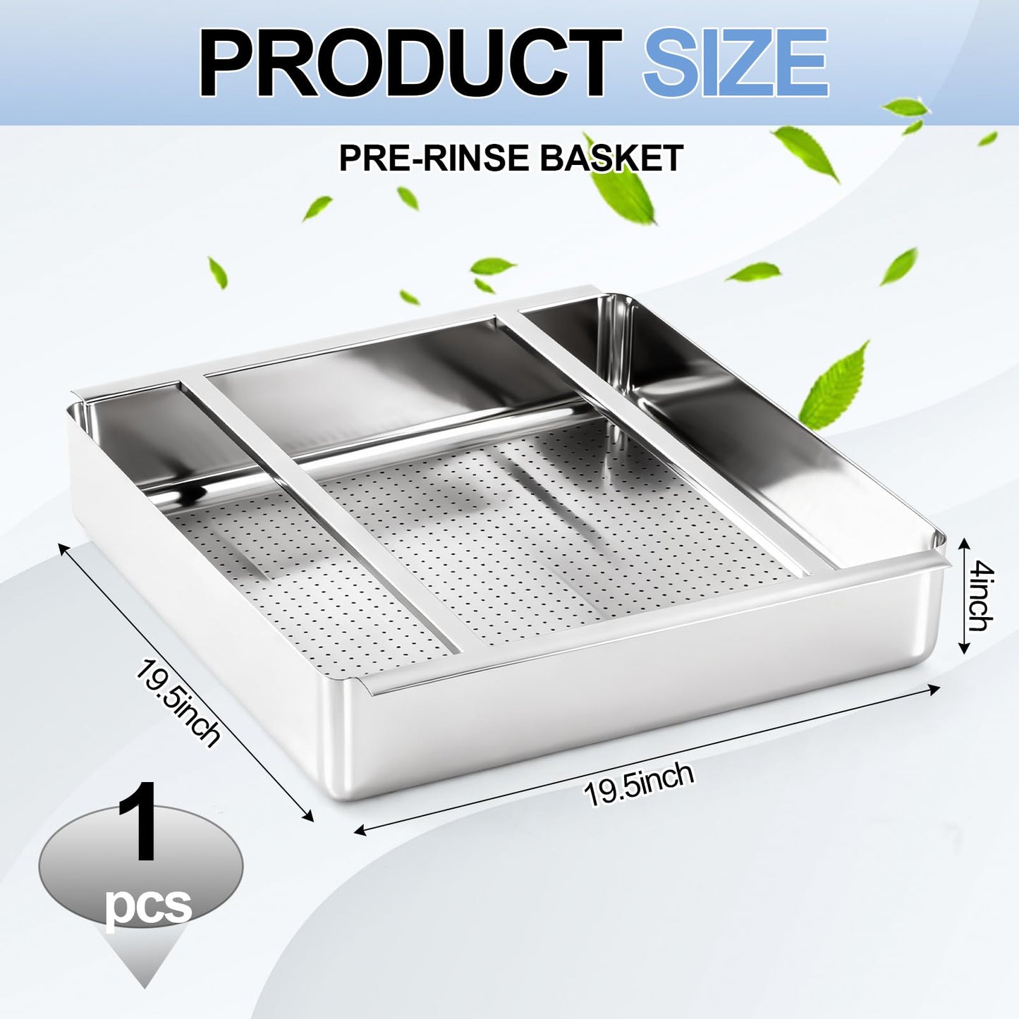Tuanse Commercial Pre Rinse Basket for Restaurant Sink 19.5 x 19.5 x 4 Inch Heavy Duty Stainless Steel Sink Strainer Basket with Slides Large Capacity Food Waste for Dishwashing Station Kitchen