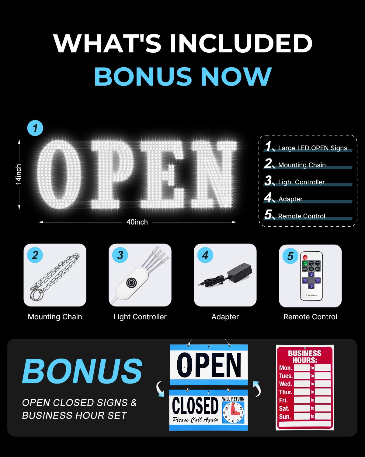 Open Sign for Business, 40"x14" Jumbo Open Sign with Timer and Remote Control, Dynamic Light Modes Led Signs for Storefront Window Bar Salon Cafes Retail Shops White