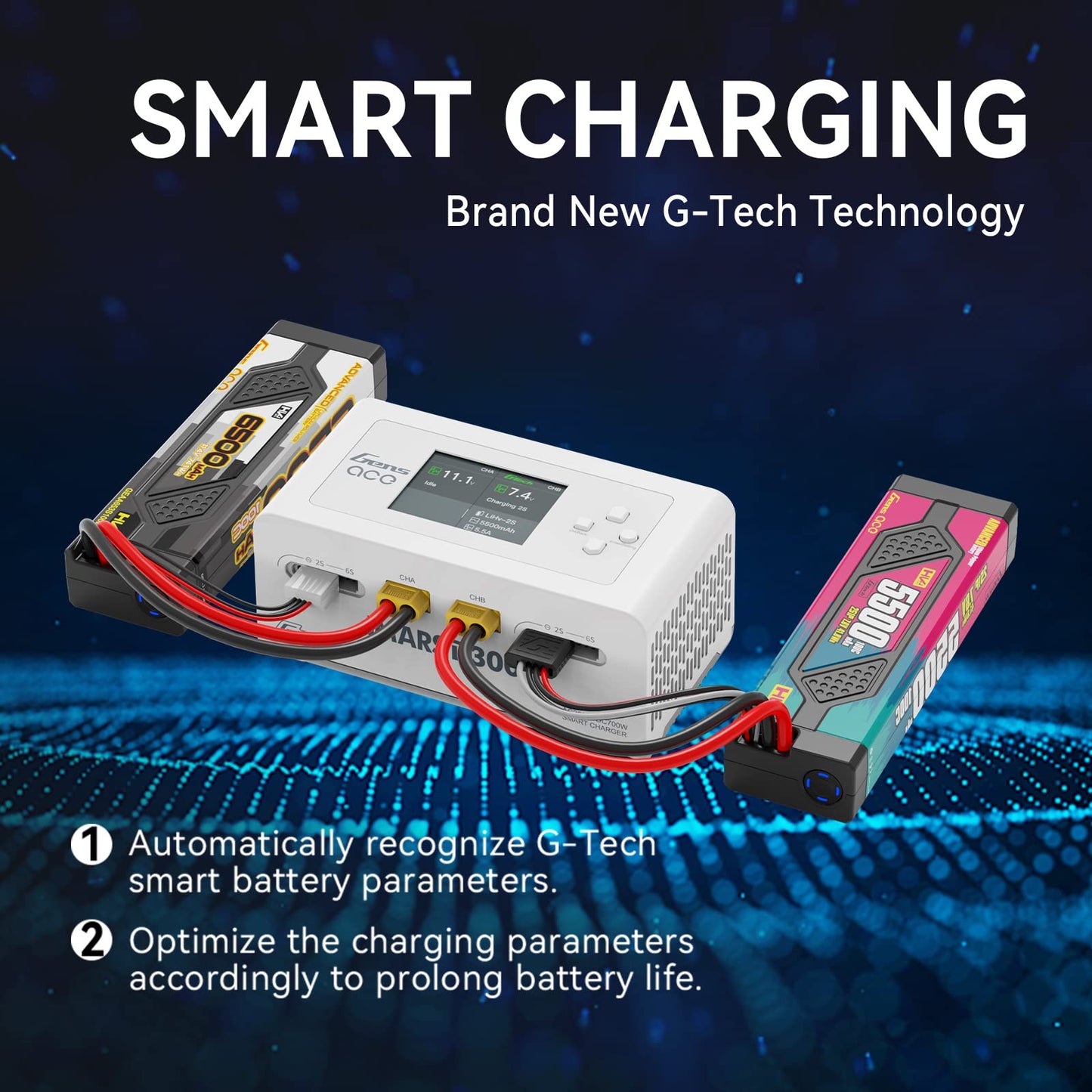 Gens Ace Lipo Battery Charger IMARS D300 G-Tech Series Smart Dual Lipo Charger 16A AC 300W DC 700W Lipo Charge（White）