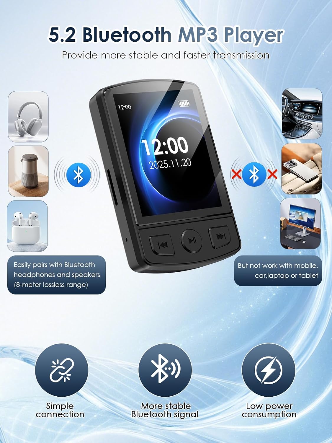KOVCDVI MP3 64GB MP3 5.2,Portable MP3 Player with Clip Mini Player with Bluetooth Music Player