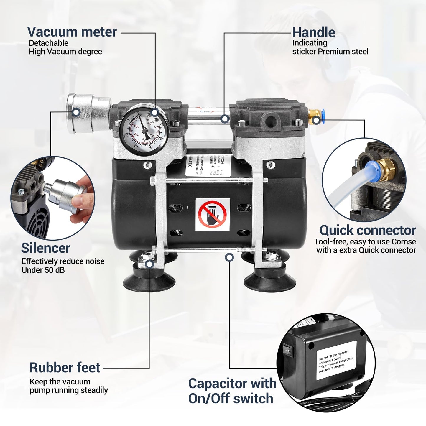 ScitoLAB Vacuum Pump 50 L/Min, Oilless Pump with Upgraded Capacitor, Vacuum Meter, Aluminum Silencer, 4 Quick Connectors, for Lab Electronics Industry