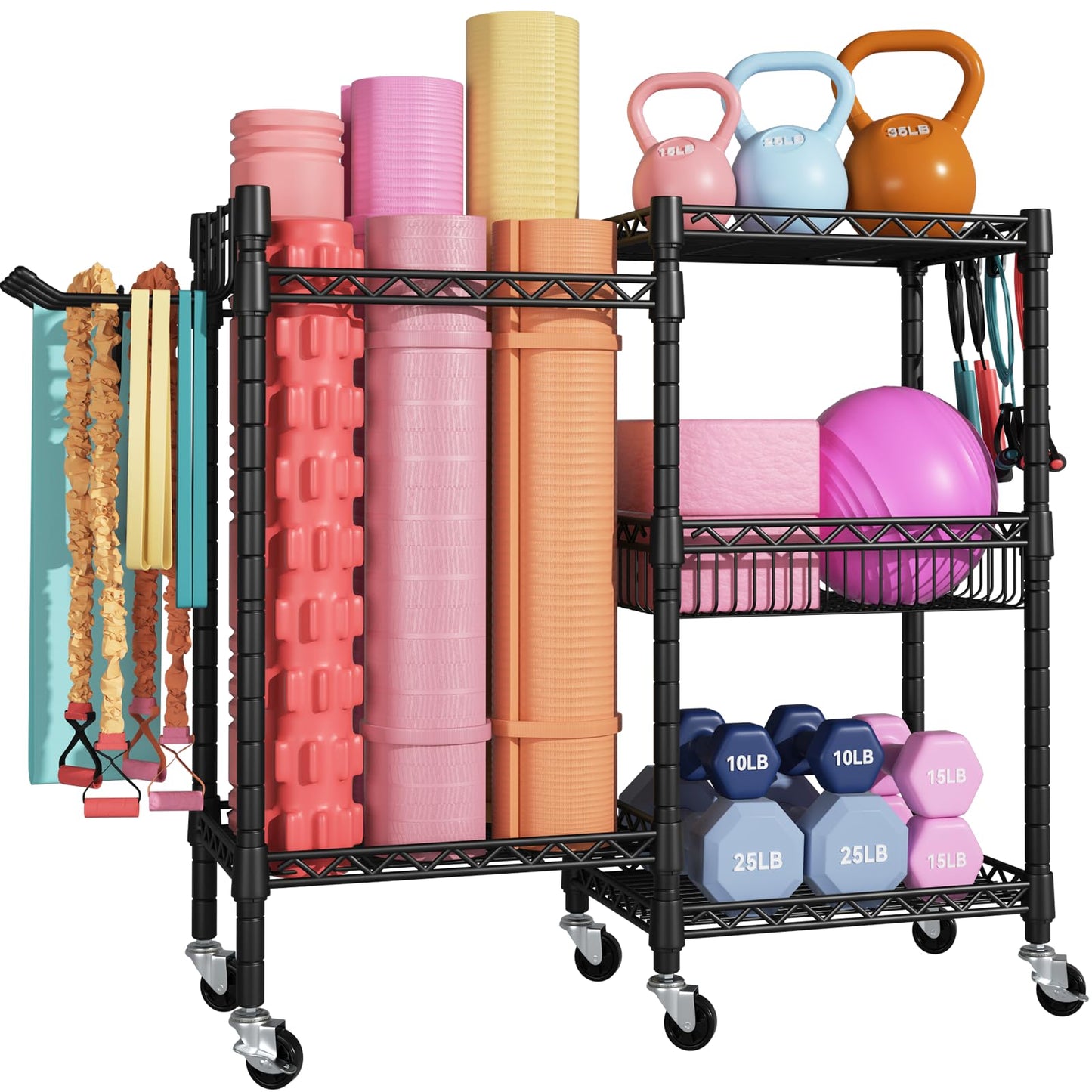 FUTASSI S2 Home Gym Storage, Rolling Yoga Mat Storage and Organizer, Sport Equipment Rack for Dumbbells, Kettlebells, Foam Rollers, Resistance Bands, 11.8" D x 36" W x 32.5" H, Black