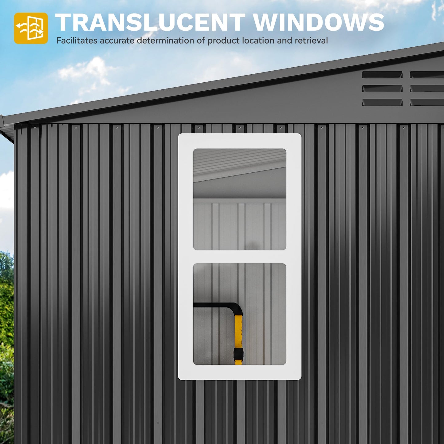 DWVO 8.5x3.5ft Large Tool Storage Shed with Window, Lockable Doors, and Sloped Roof, Oversized Steel Outdoor Storage Shed for Garden, Patio, Garage, Backyard, Lawn - Dark Gray