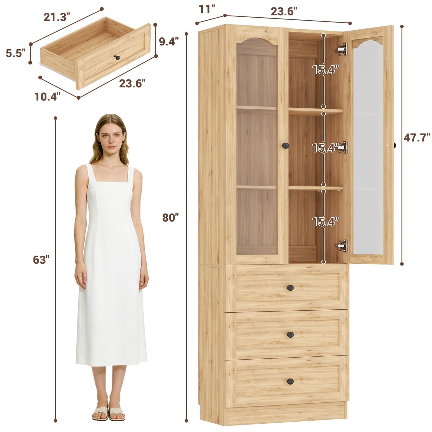 Cyclysio 80" Tall Storage Cabinet with Glass Doors, Drawers & Seamless Baseboard Fit Design - 2 Set Natural Oak Storage Cabinets with Adjustable Shelf for Office, Bathroom, Living Room, Kitchen