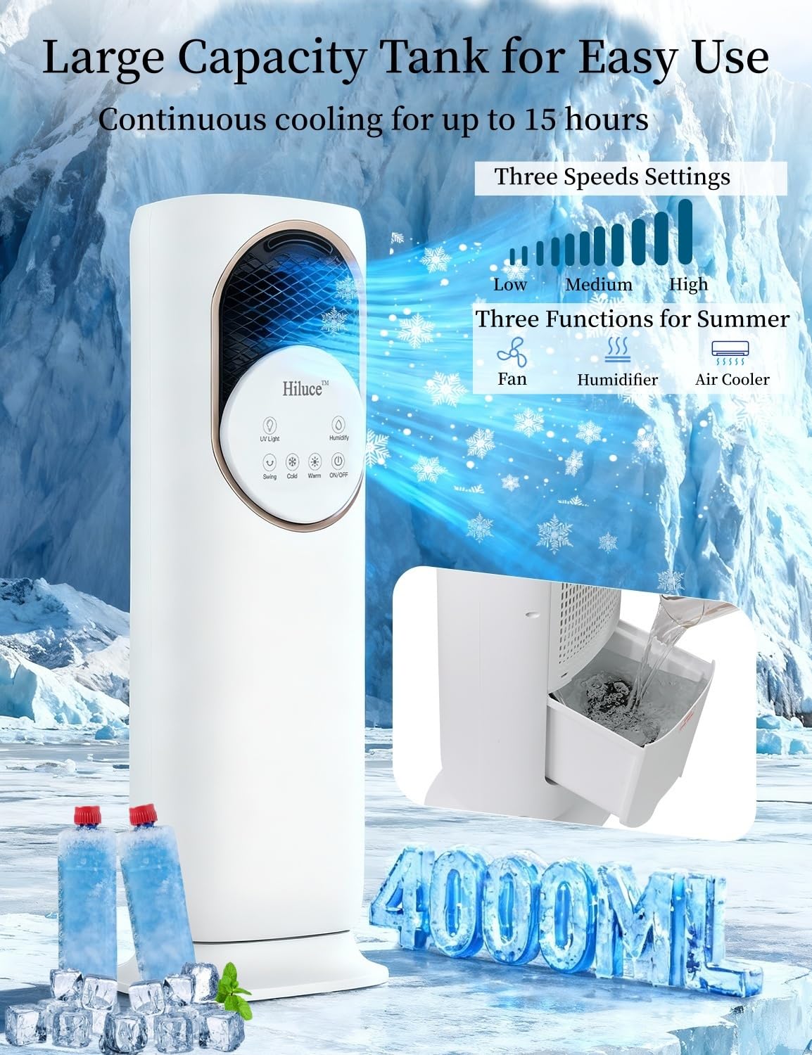 Hiluce 4-IN-1 Evaporative Air Swamp Cooler,Quiet Fan and Heater Combo,28 ft/s Tower Fans that Blow Cold Air,Removable Water Tank,Ice Packs,180°Oscillating,2 Heating & 3 Cooling Speeds,9H Timer